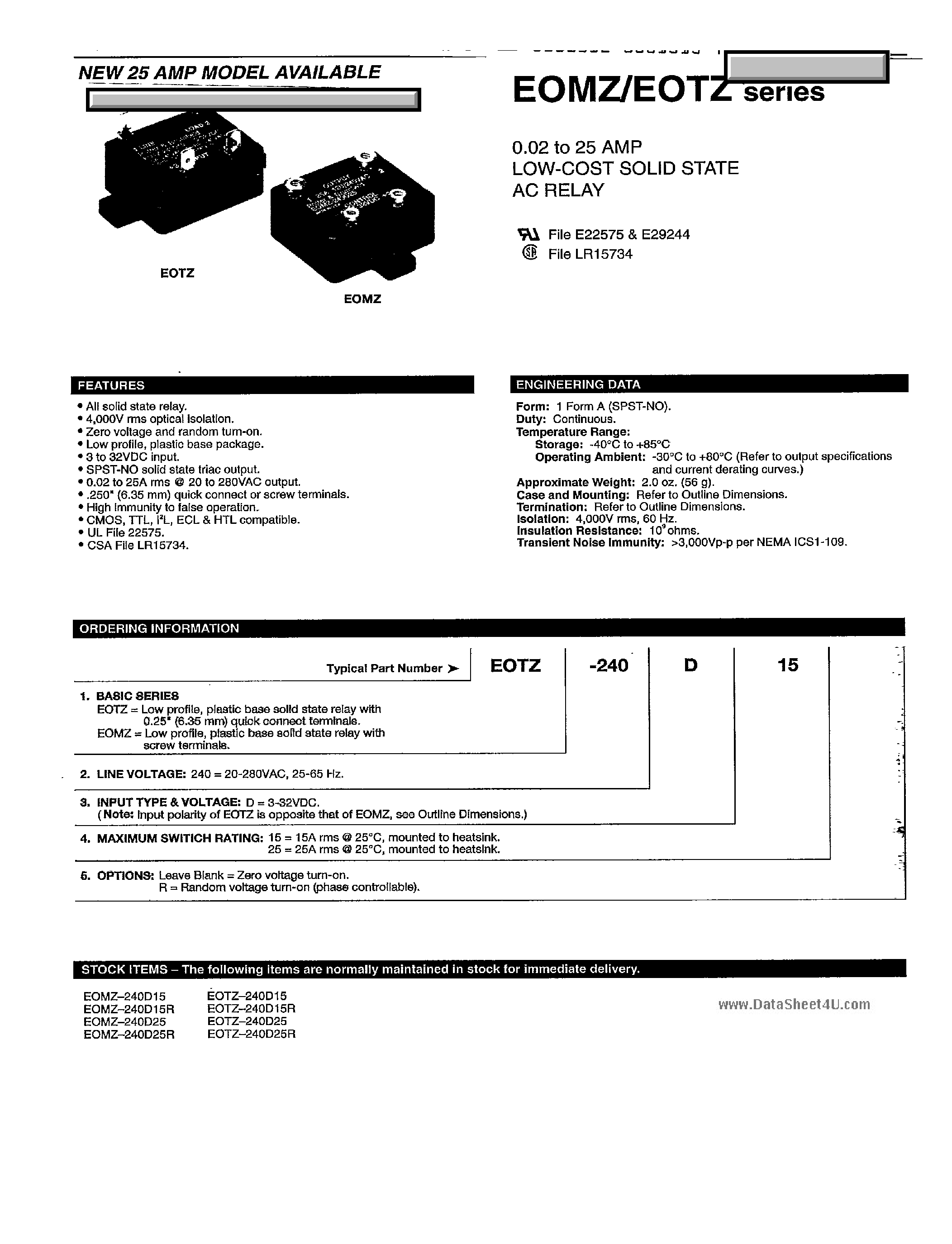 Даташит EOTZ-240D15 - (EOTZ / EOMZ Series) 0.02 to 25 Amp Low Cost Solid State AC Relay страница 1
