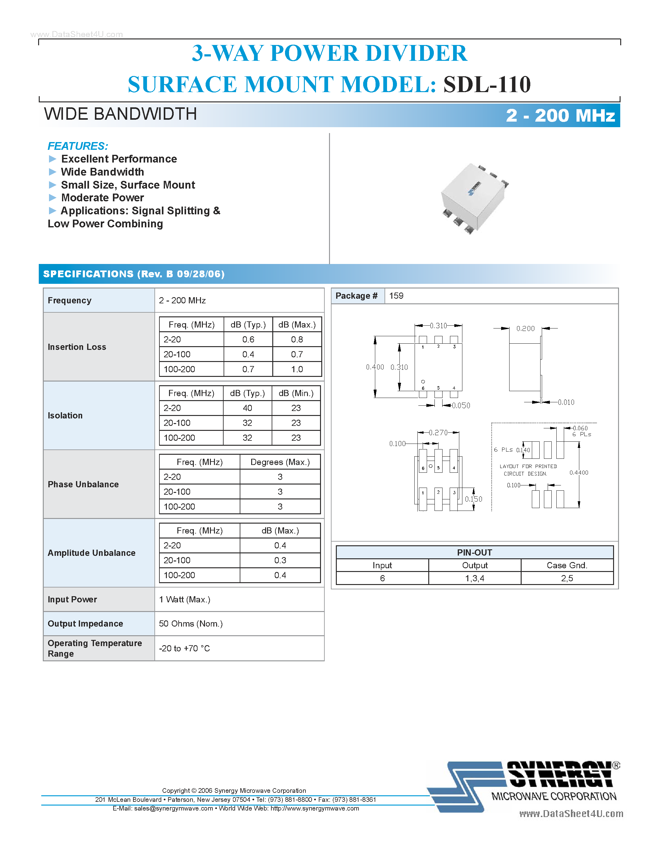 Datasheet SDL-110 - 3-WAY POWER DIVIDER SURFACE MOUNT MODEL page 1