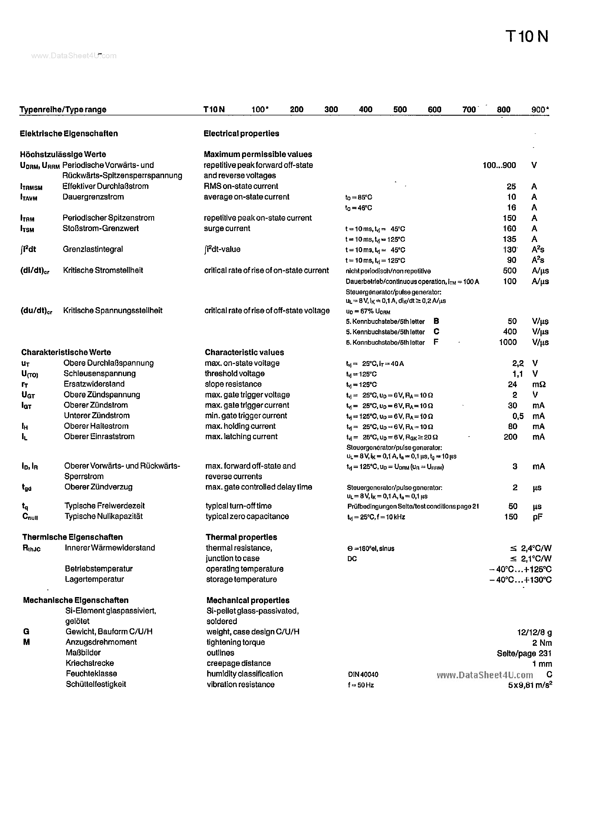 Datasheet T10N100 - (T10N100 - T10N900) Silicon Controlled Rectifier page 1