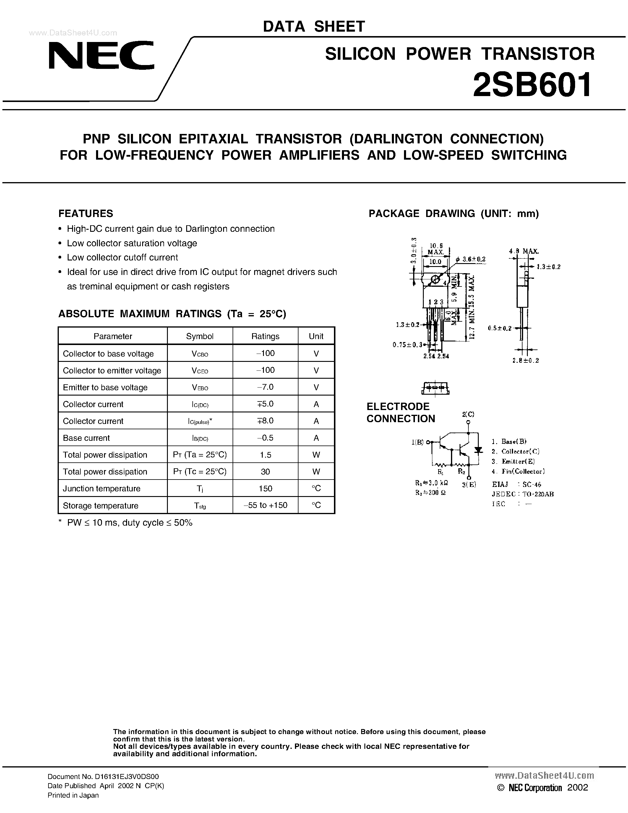 Datasheet 2SB601 - PNP SILICON EPITAXIAL TRANSISTOR page 1