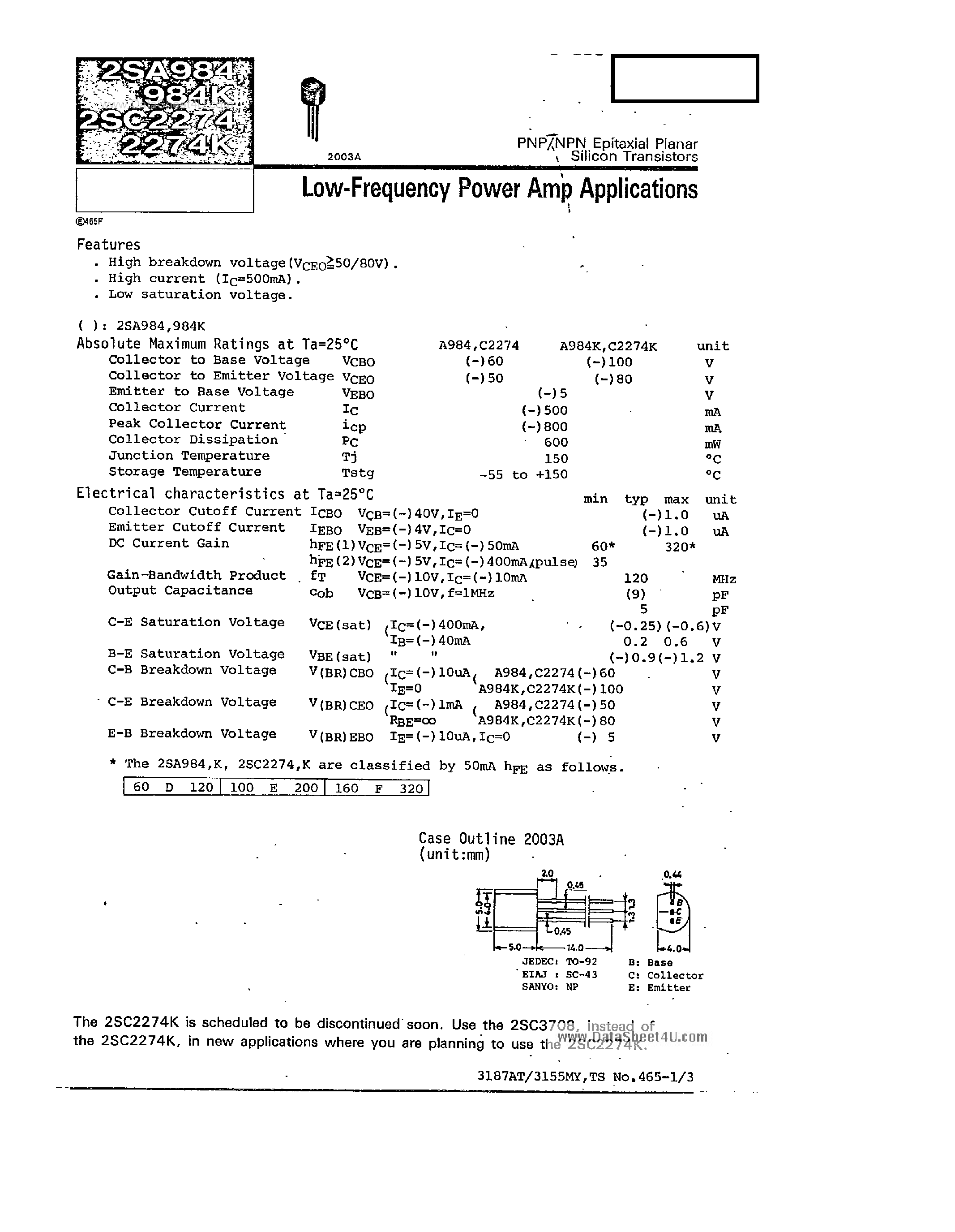 Даташит 2SC2274 - Low Frequency Power Amp страница 1