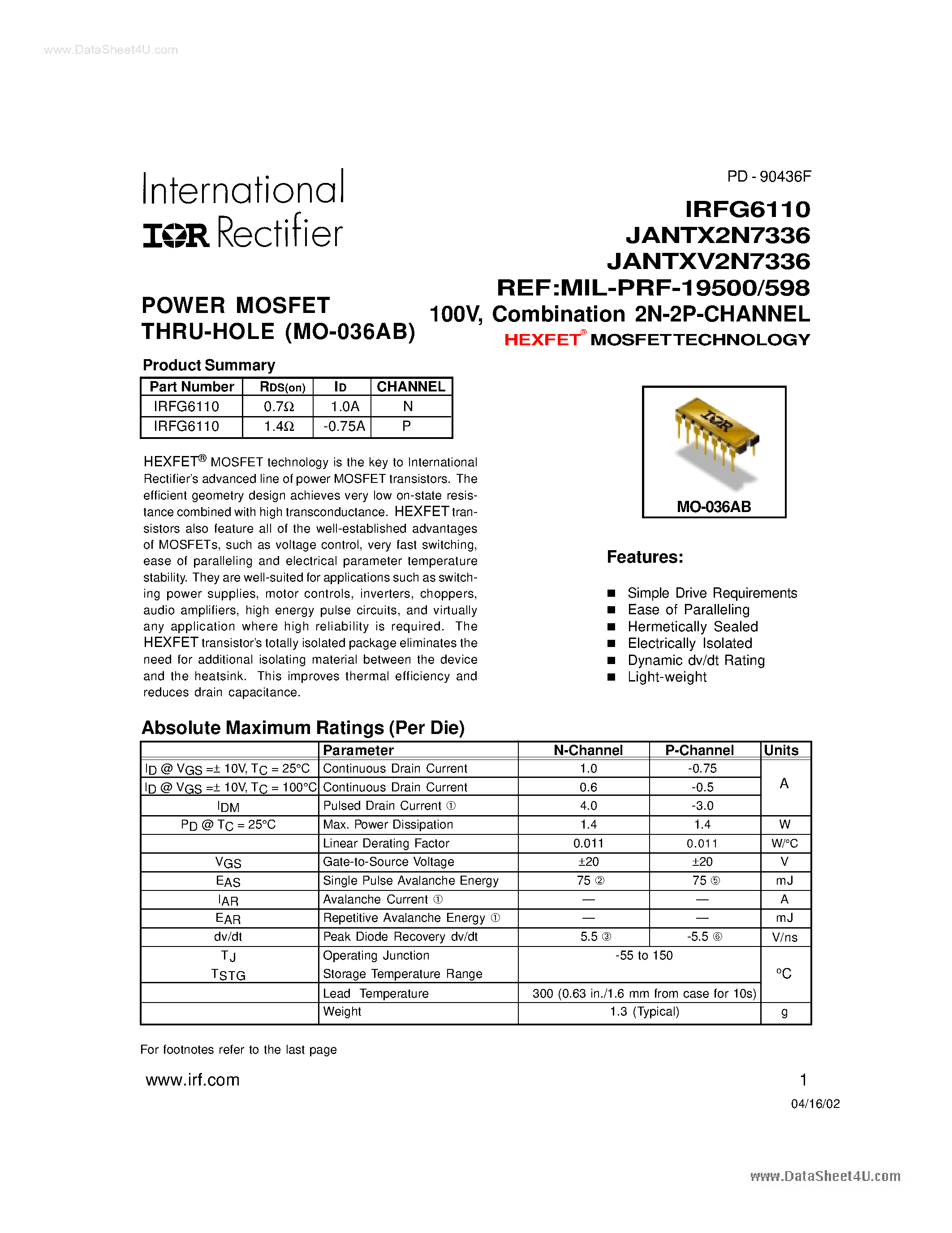 Datasheet IRFG6110 - POWER MOSFET THRU-HOLE page 1