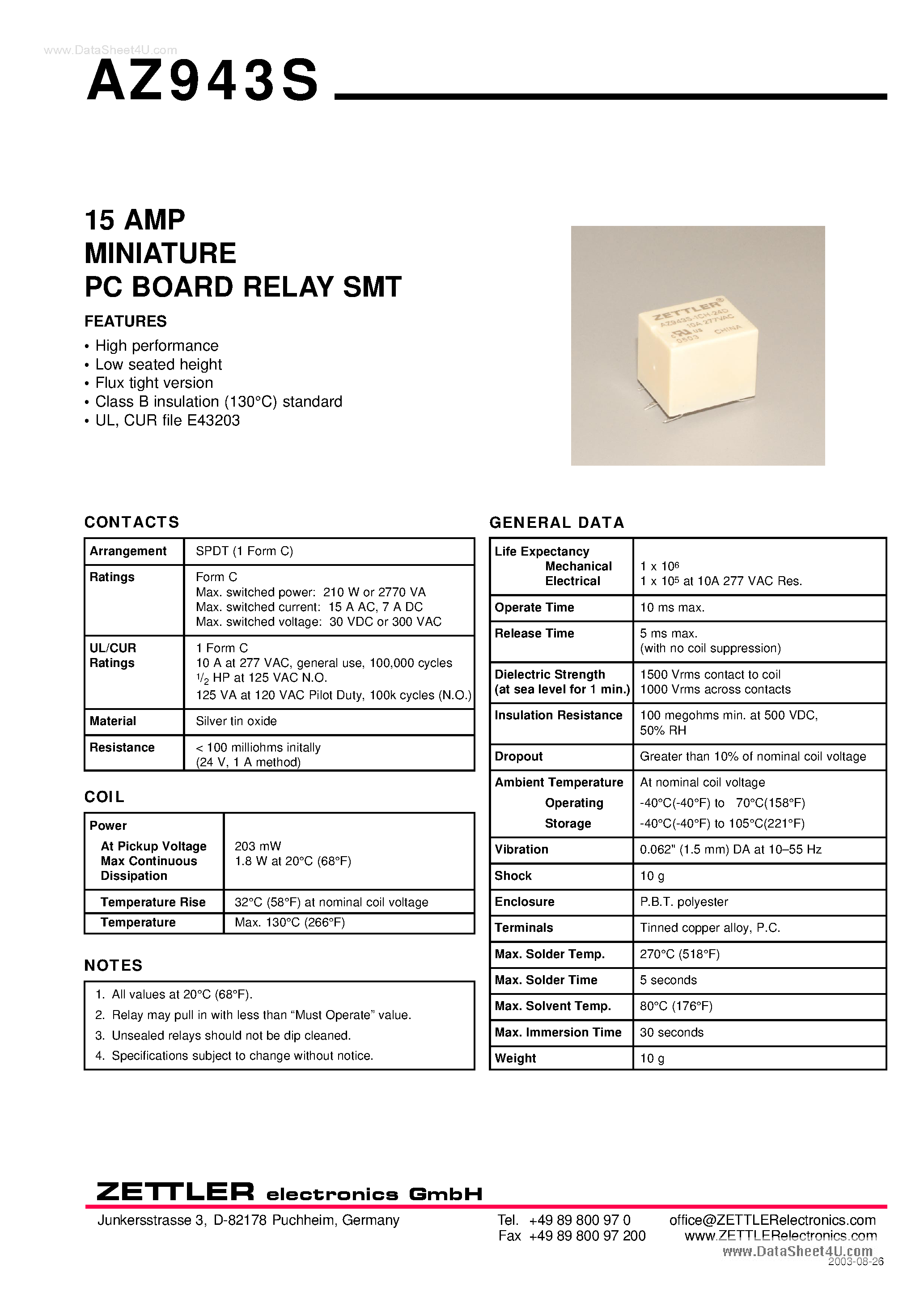 Даташит на микросхему AZ943S страница 1 Даташит AZ943S - 15 AMP MINIATURE PC BOARD RELAY SMT страница 1
