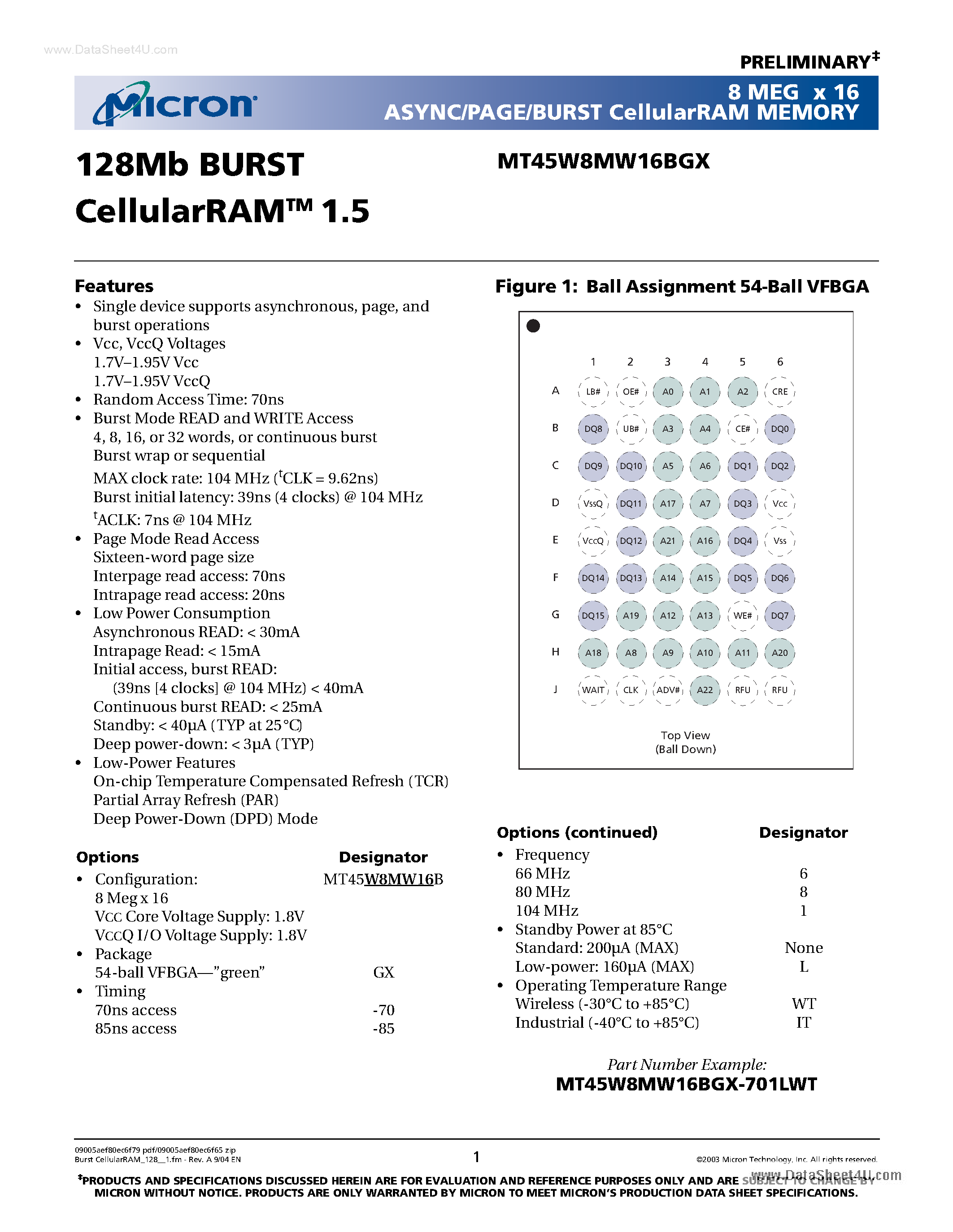 Datasheet MT45W8MW16BGX - 8MEG X 16 Async/Page/Burst CellularRAM Memory page 1