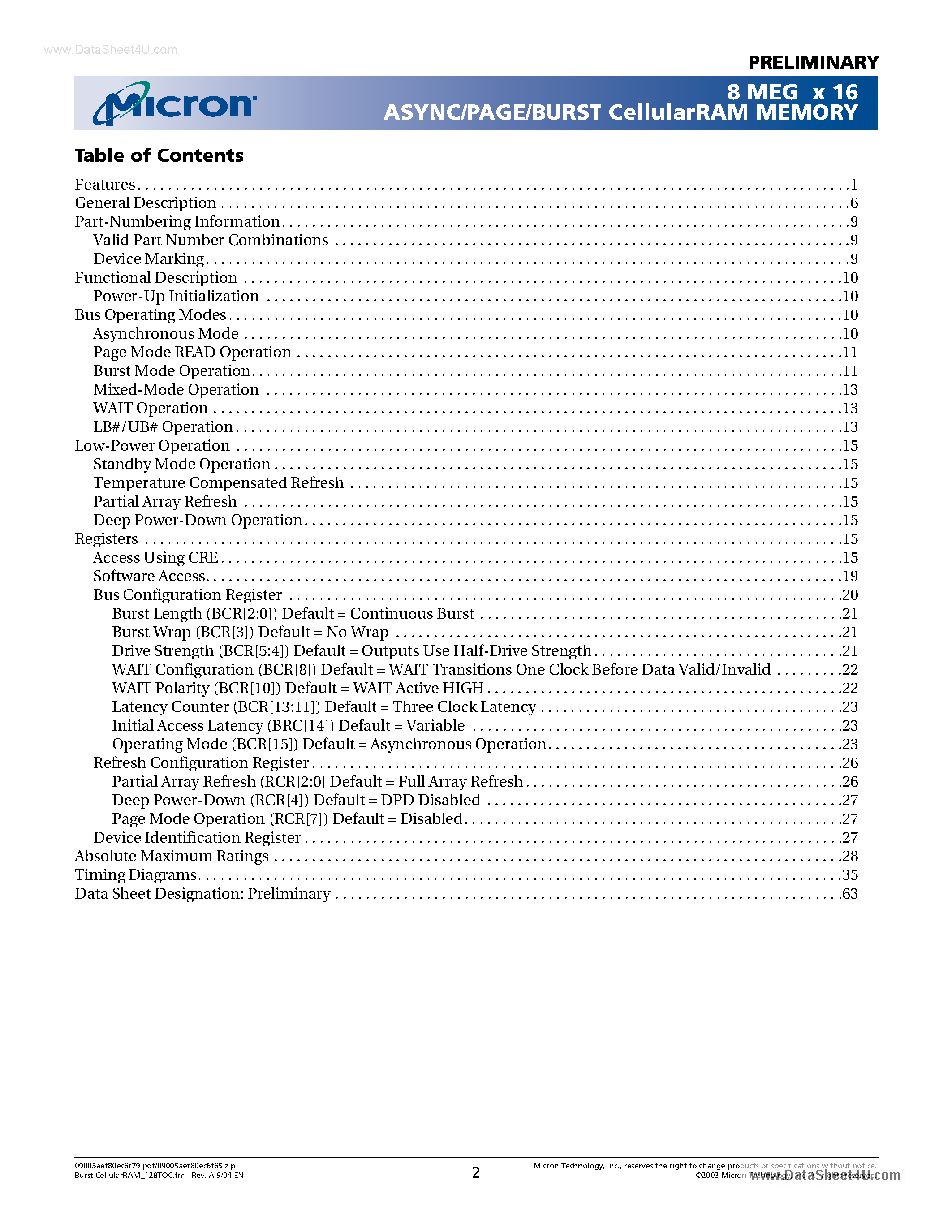 Datasheet MT45W8MW16BGX - 8MEG X 16 Async/Page/Burst CellularRAM Memory page 2