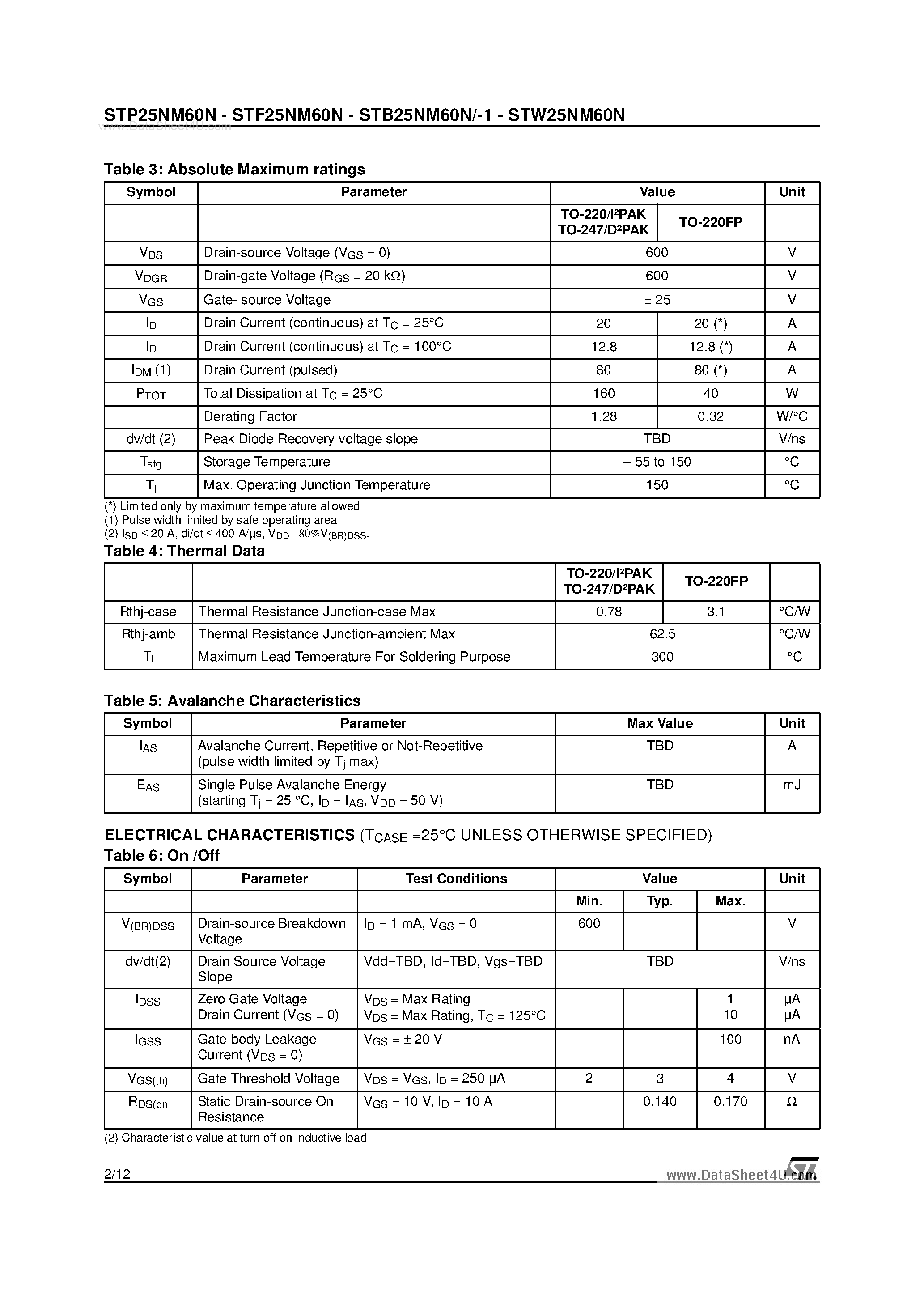 Datasheet STF25NM60N - N-CHANNEL MOSFET page 2
