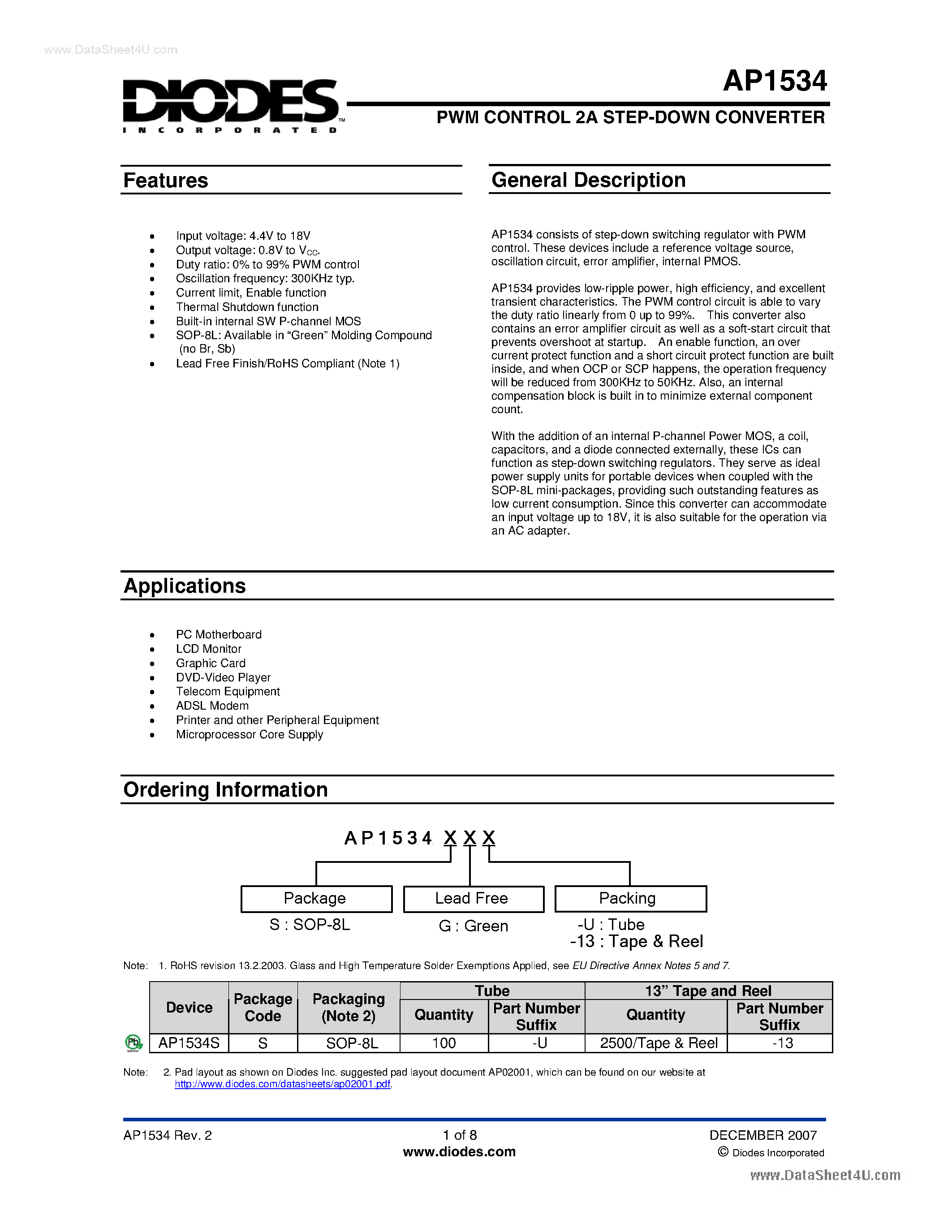 Даташит на микросхему AP1534 страница 1 Даташит AP1534 - PWM CONTROL 2A STEP-DOWN CONVERTER страница 1