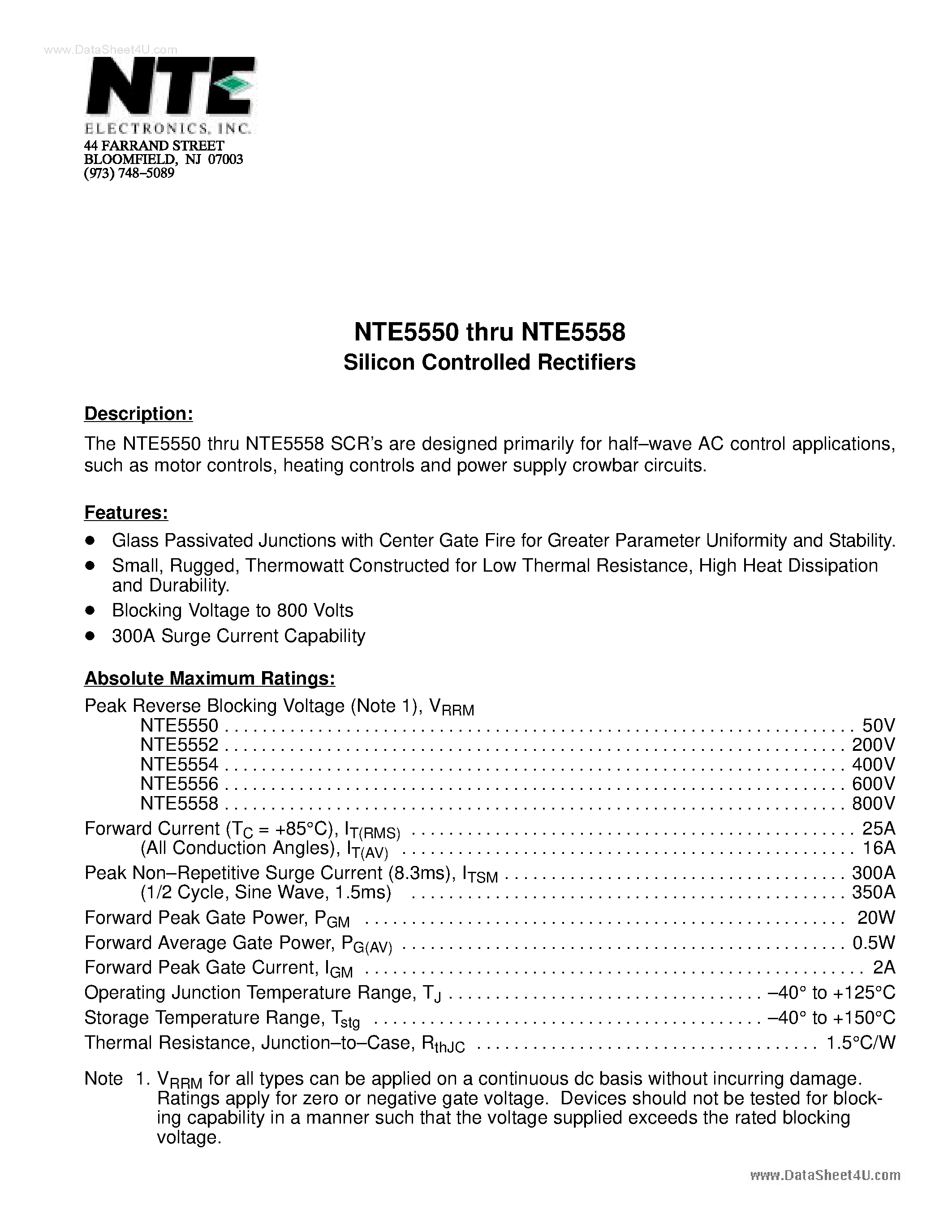 Datasheet NTE5550 page 1 Datasheet NTE5550 - (NTE5550 - NTE5558) Silicon Controlled Rectifiers page 1