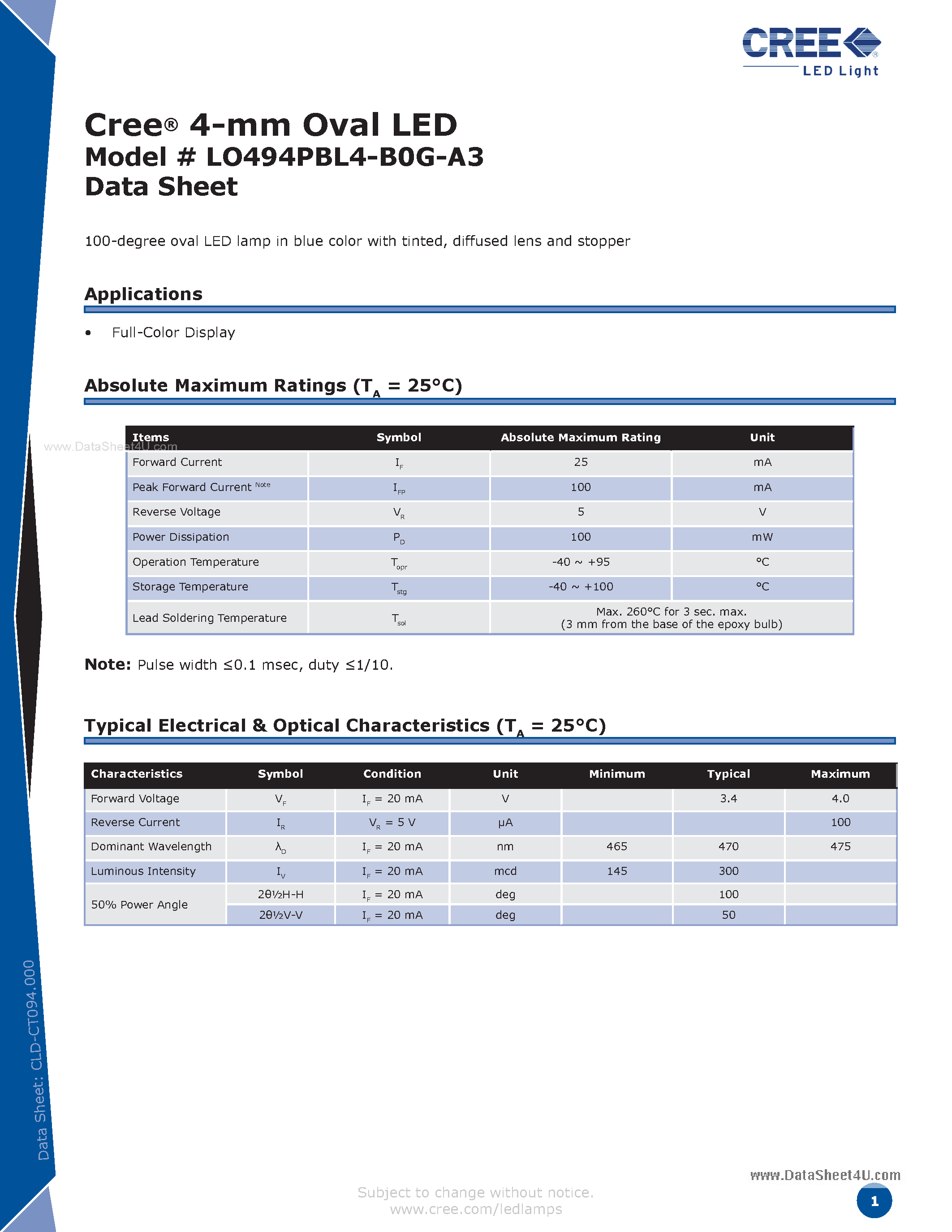 Datasheet LO494PBL4-B0G-A3 page 1 Datasheet LO494PBL4-B0G-A3 - 4-mm Oval LED page 1