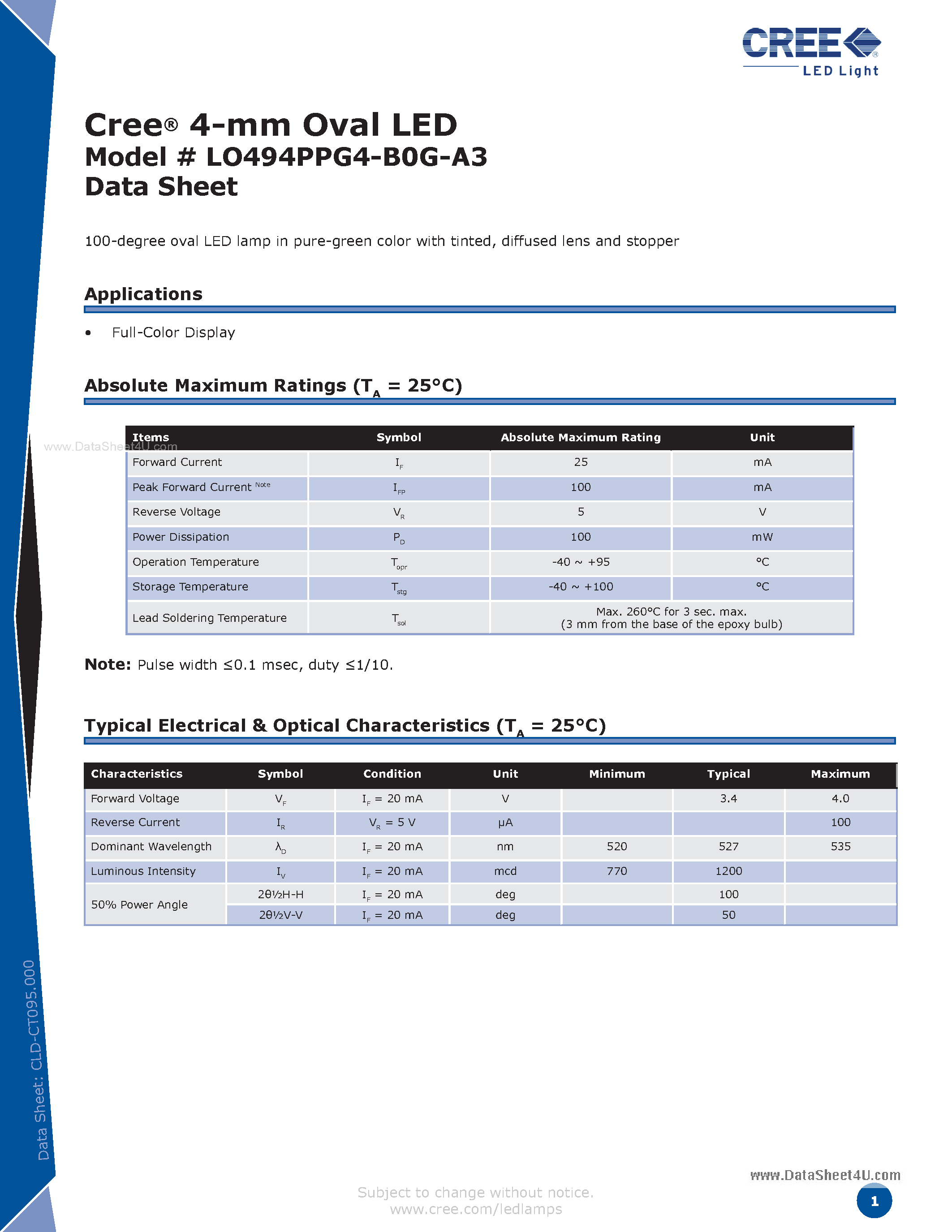 Datasheet LO494PPG4-B0G-A3 page 1 Datasheet LO494PPG4-B0G-A3 - 4-mm Oval LED page 1