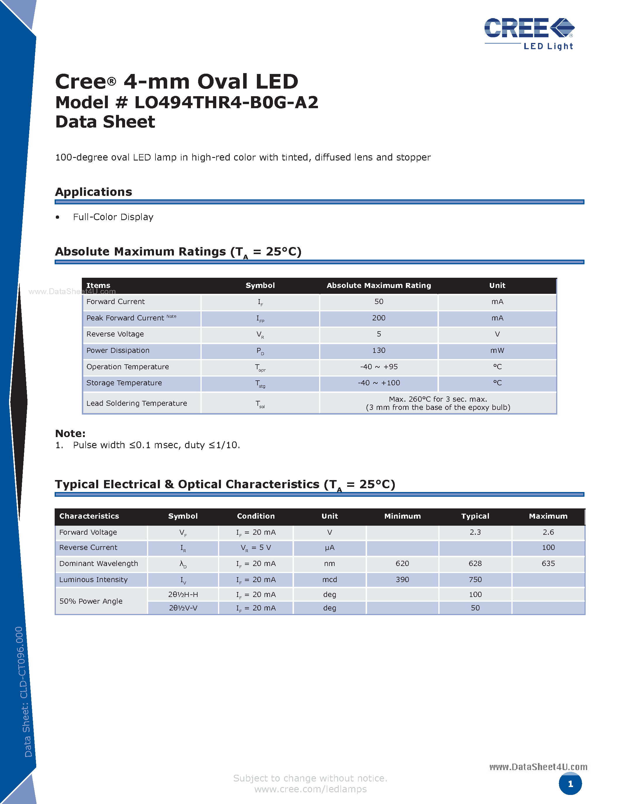 Datasheet LO494THR4-B0G-A2 - 4-mm Oval LED page 1
