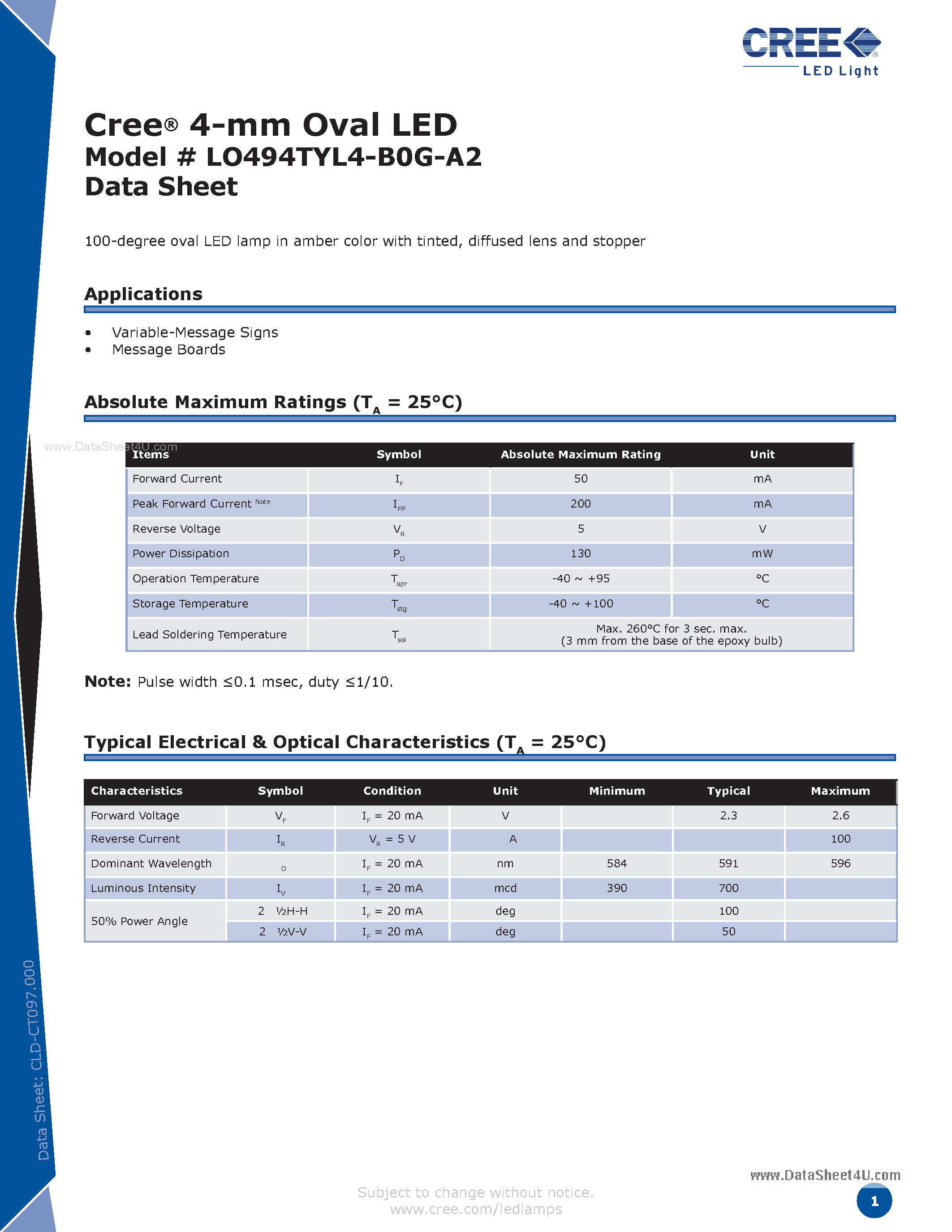 Datasheet LO494TYL4-B0G-A2 - 4-mm Oval LED page 1