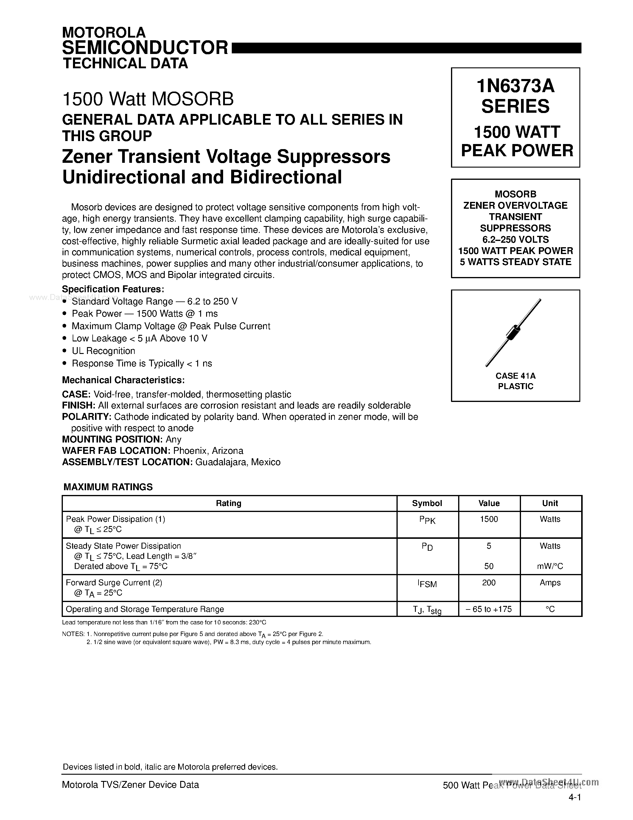 Datasheet 1N6373 - (1N6373A Series) Zener Transient Voltage Suppressors page 1