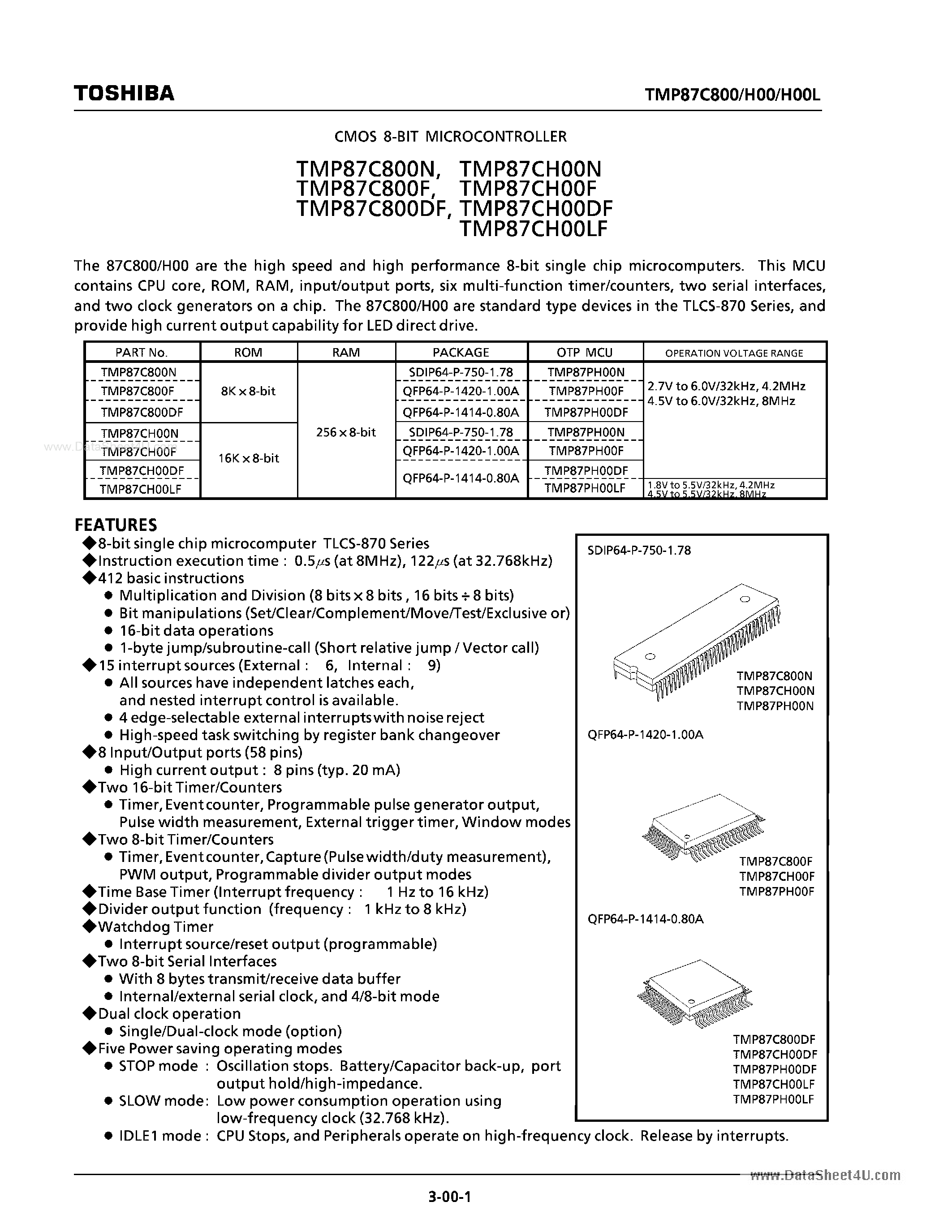 Datasheet TMP87CH00DF page 1 Datasheet TMP87CH00DF - (TMP87CHxxx) CMOS 8-Bit Microcontroller page 1
