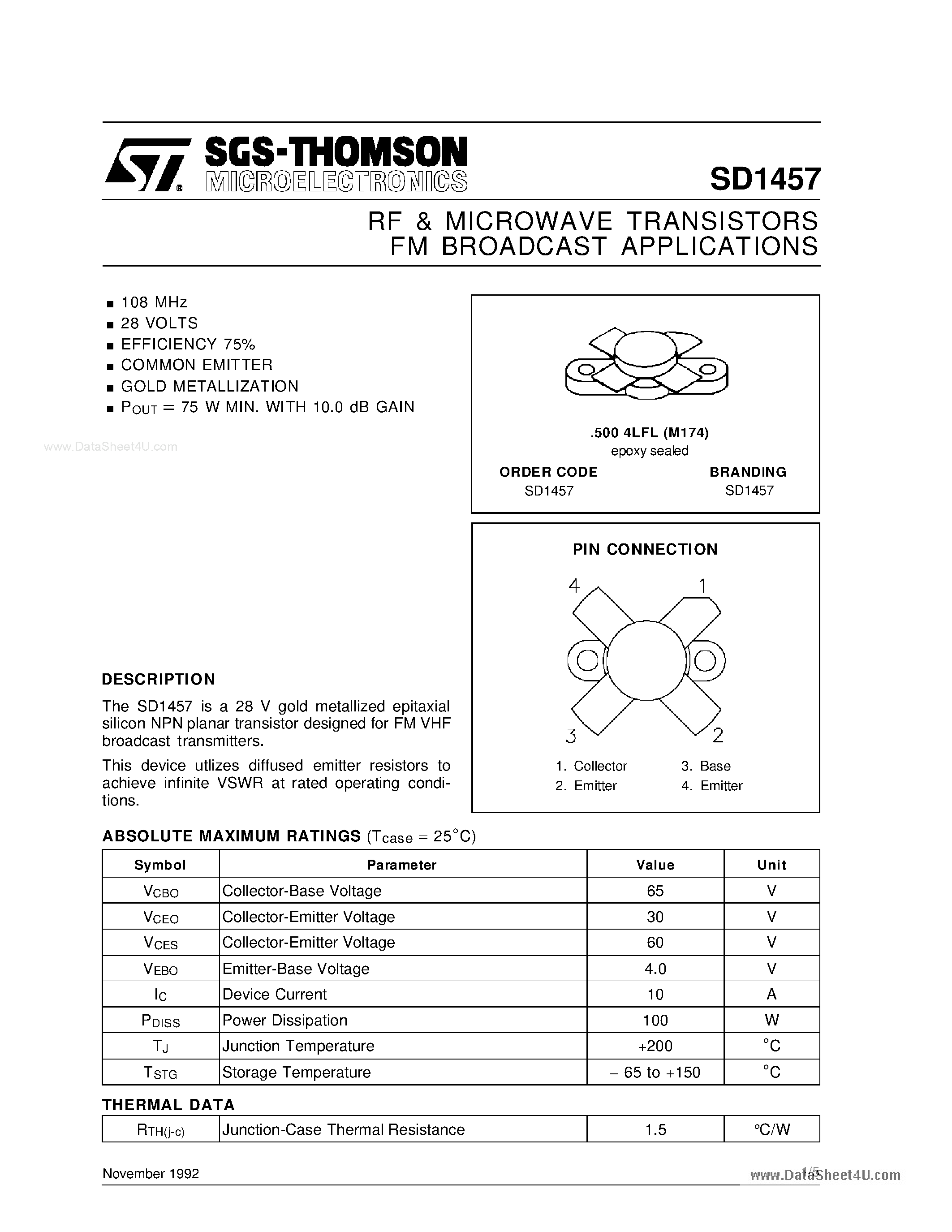 Datasheet SD1457 - RF & MICROWAVE TRANSISTORS page 1