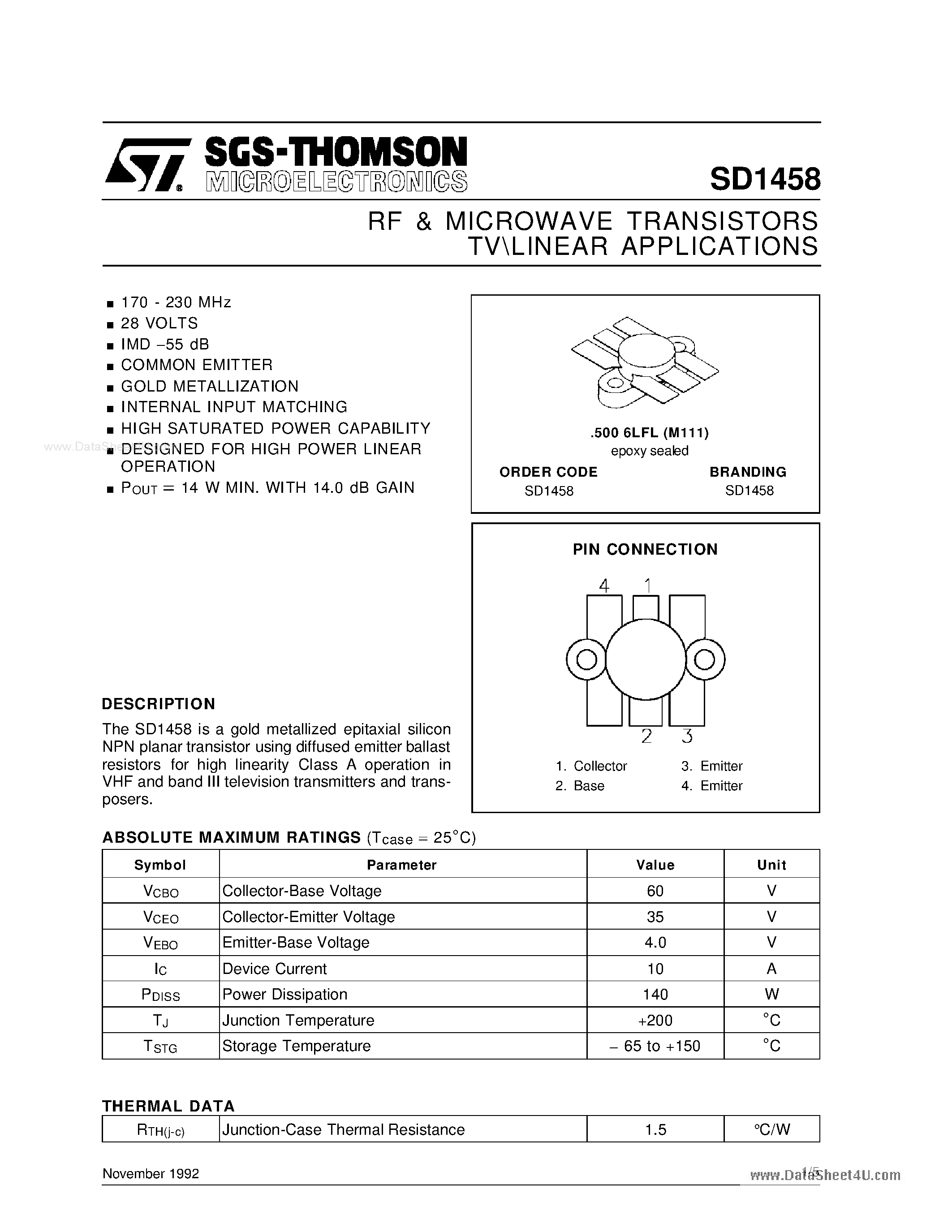Datasheet SD1458 - RF & MICROWAVE TRANSISTORS page 1