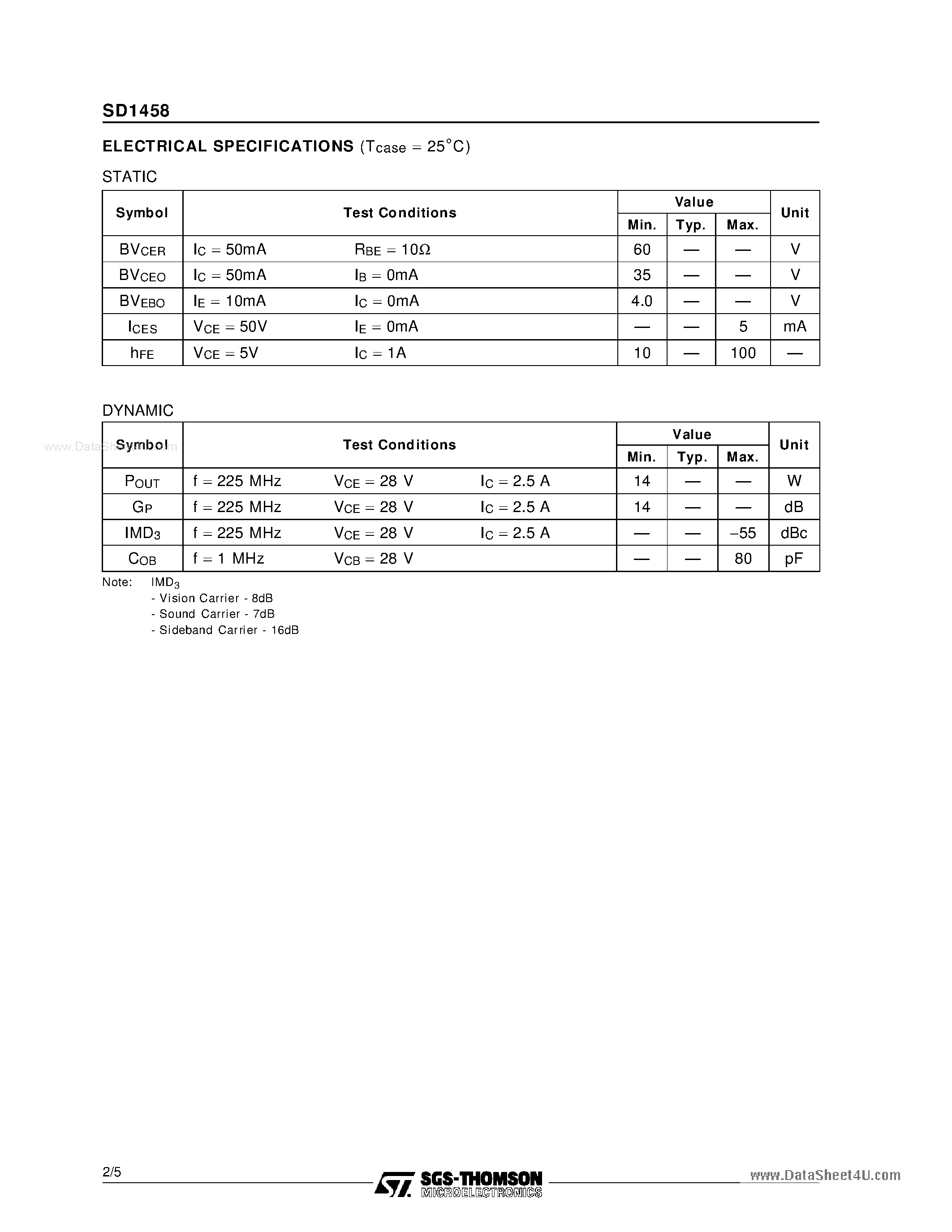 Datasheet SD1458 - RF & MICROWAVE TRANSISTORS page 2