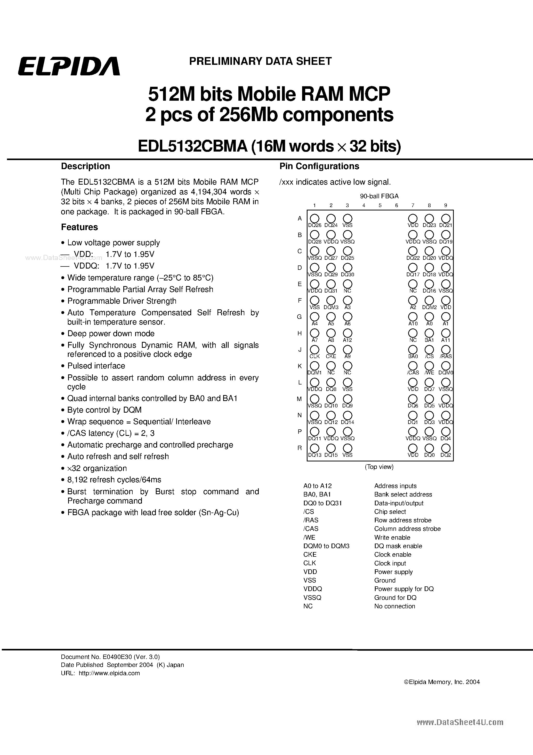 Даташит EDL5132CBMA - 512M bits Mobile RAM MCP 2 pcs of 256Mb components страница 1