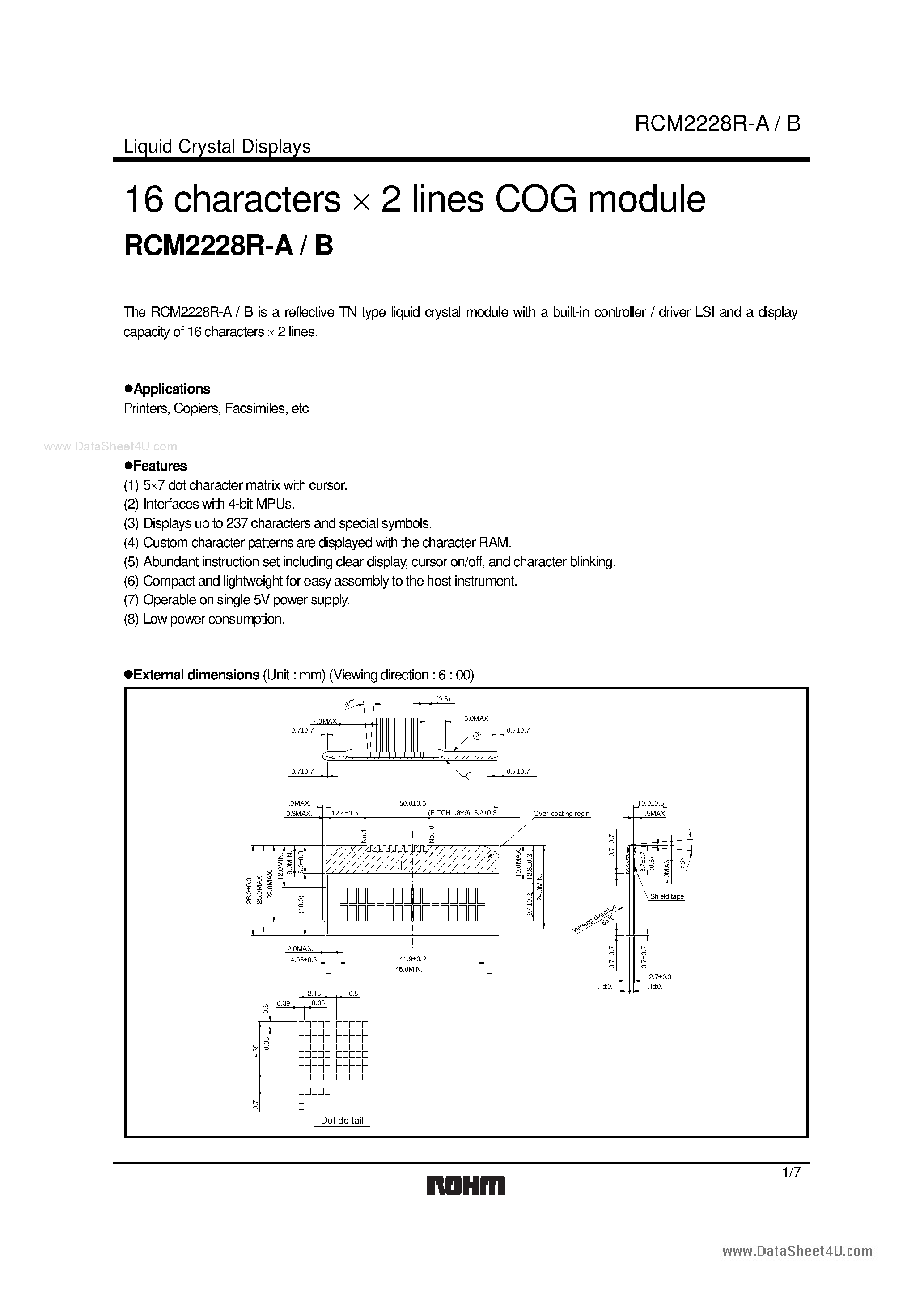 Datasheet RCM2228R-A - 16 characters x 2 lines COG module page 1