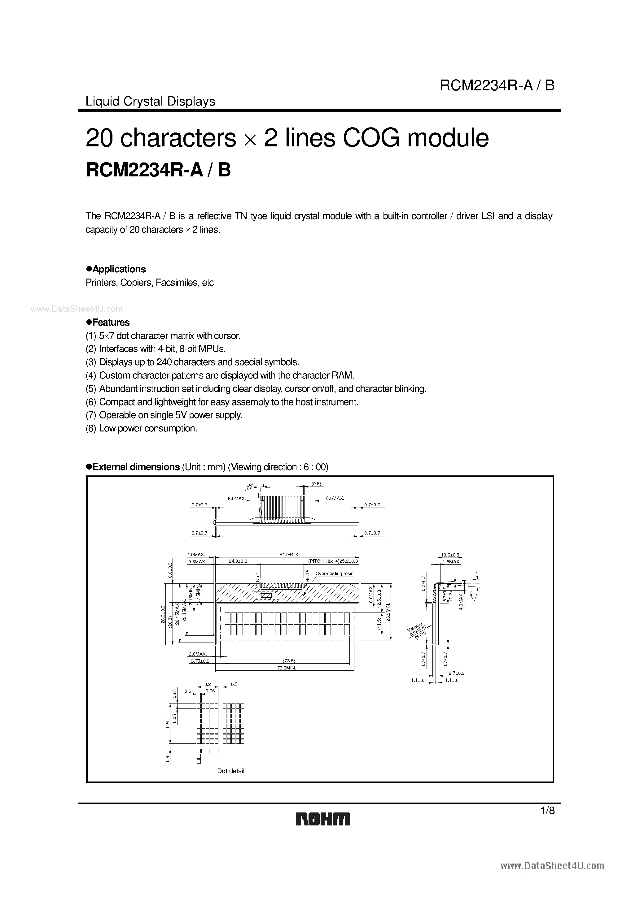 Datasheet RCM2234R-A page 1 Datasheet RCM2234R-A - 20 characters x 2 lines COG module page 1