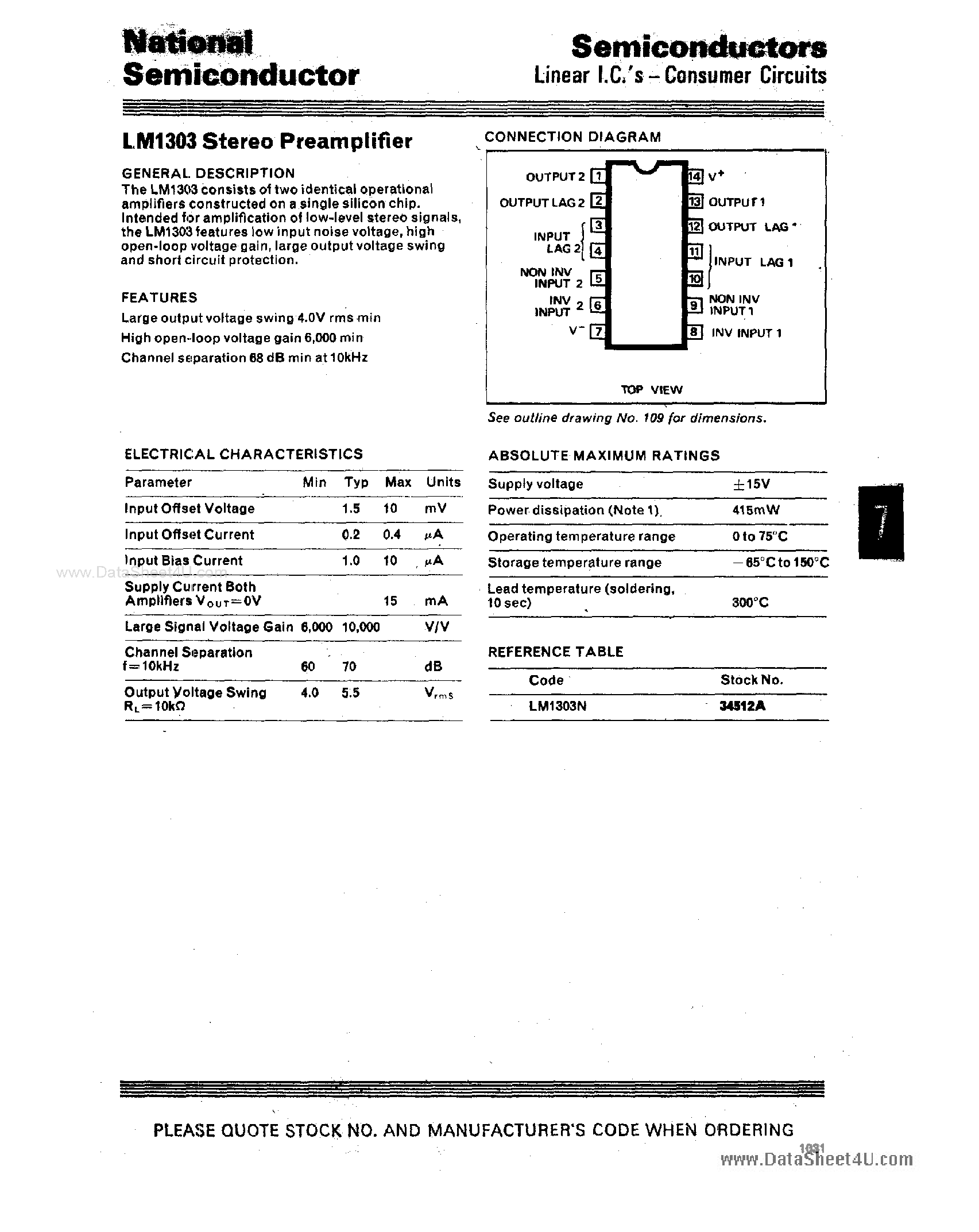 Datasheet LM1303 page 1 Datasheet LM1303 - Stereo Preamplifier page 1