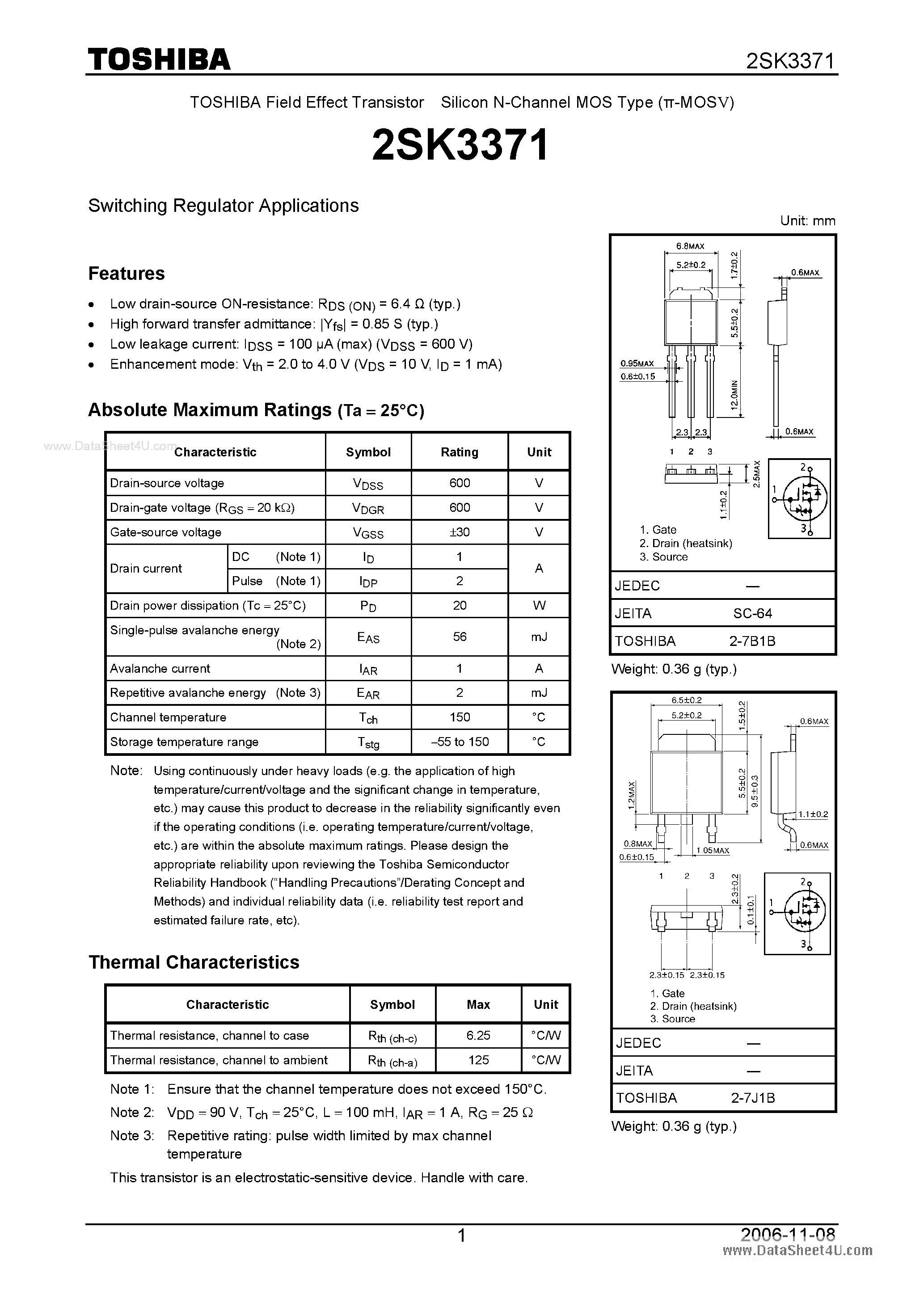 Datasheet 2SK3371 - Silicon N-Channel MOS Type Switching Regulator Applications page 1