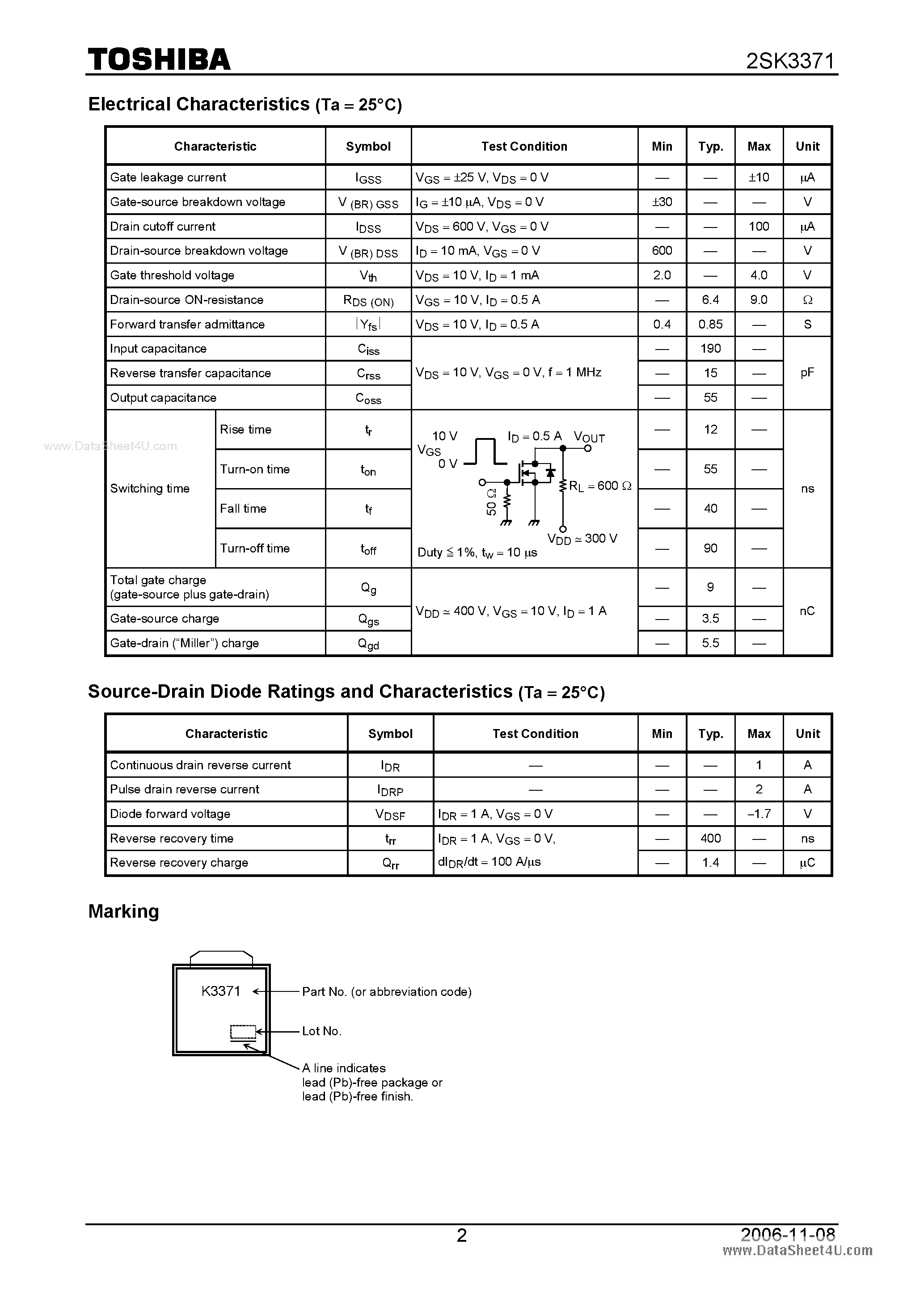 Datasheet 2SK3371 - Silicon N-Channel MOS Type Switching Regulator Applications page 2