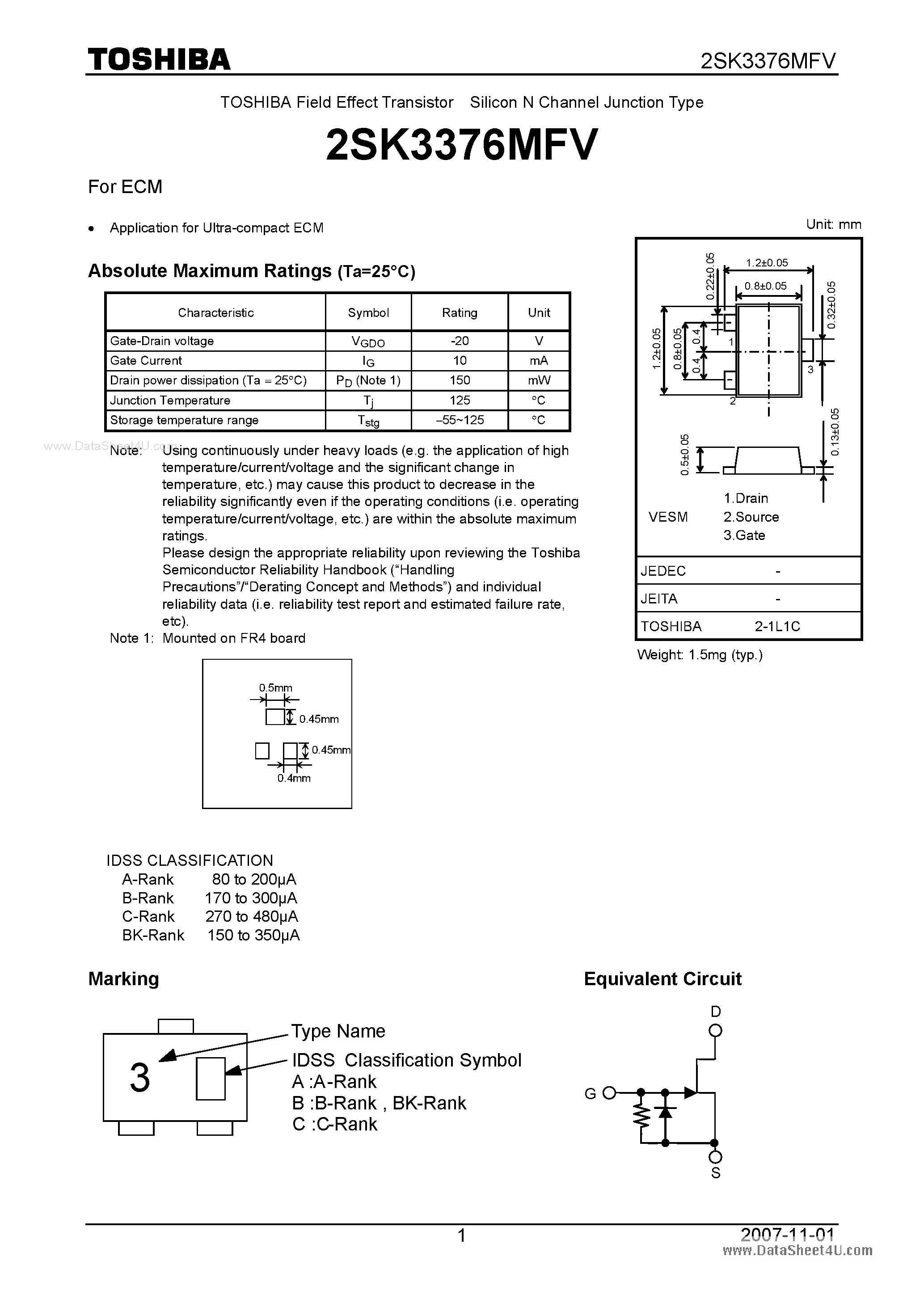 Datasheet 2SK3376MFV - Silicon N Channel Junction Type page 1