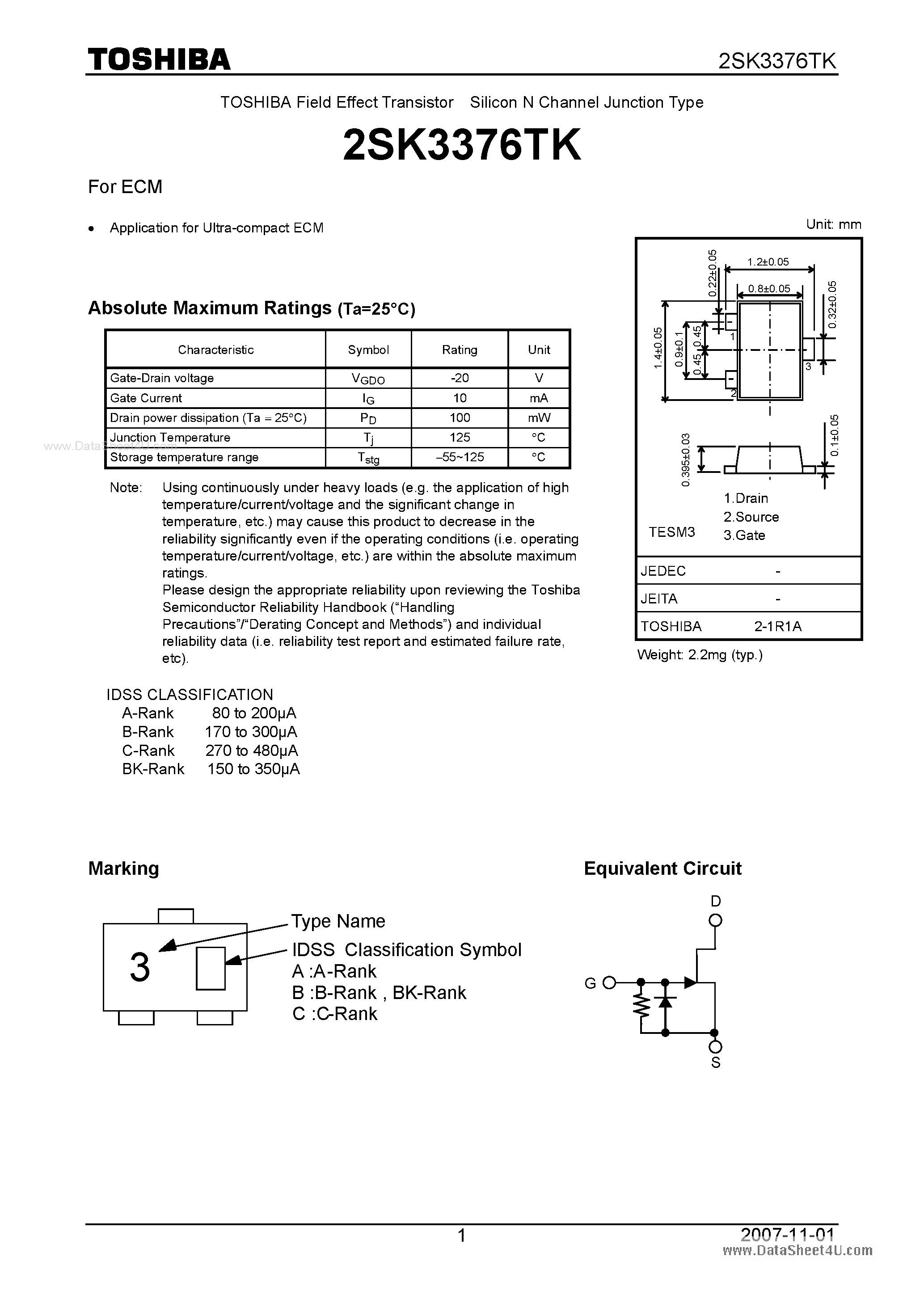 Datasheet 2SK3376TK - Silicon N Channel Junction Type page 1