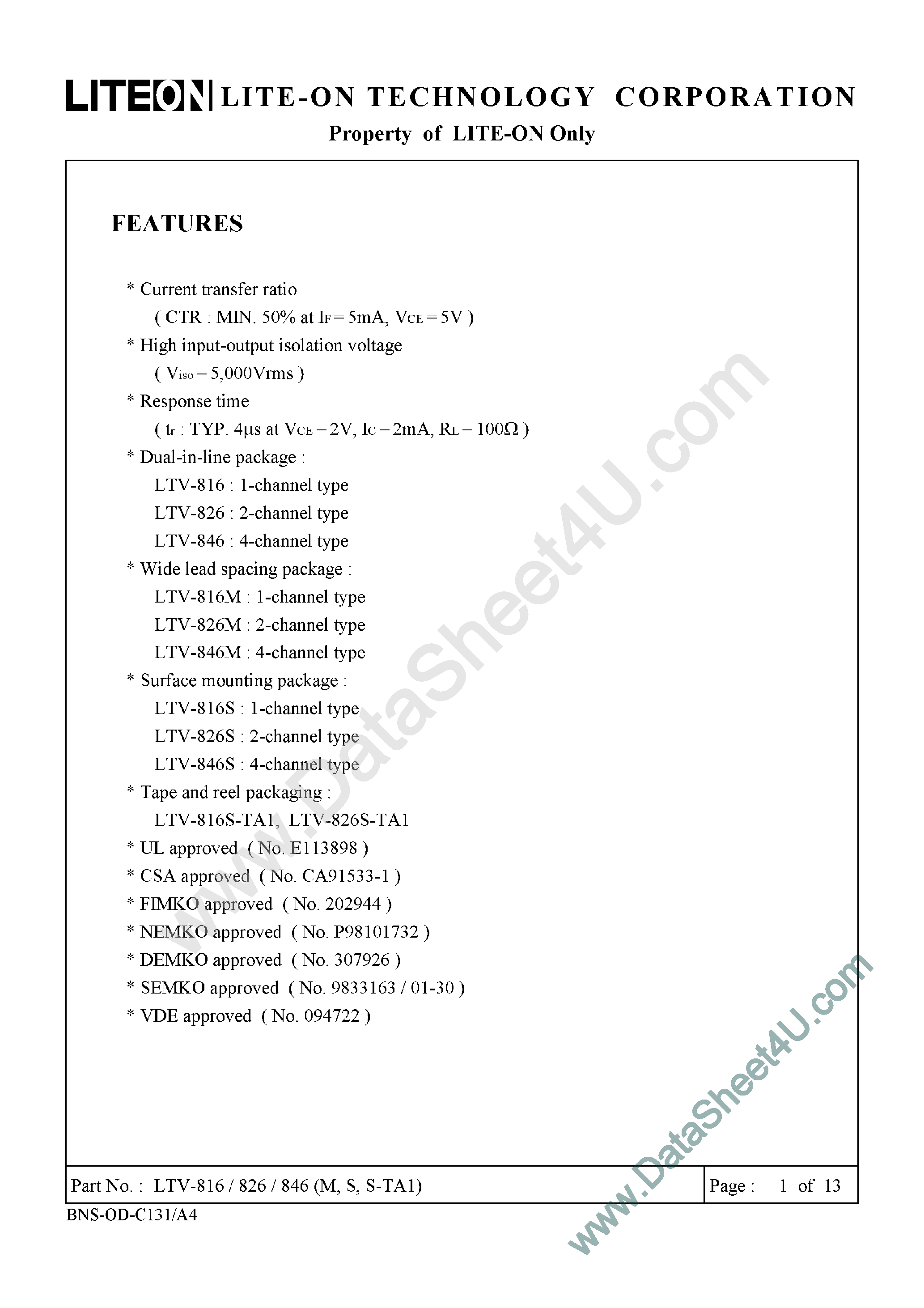 Datasheet LTV-816 page 1 Datasheet LTV-816 - Transistor/Diode Output Optocoupler page 1