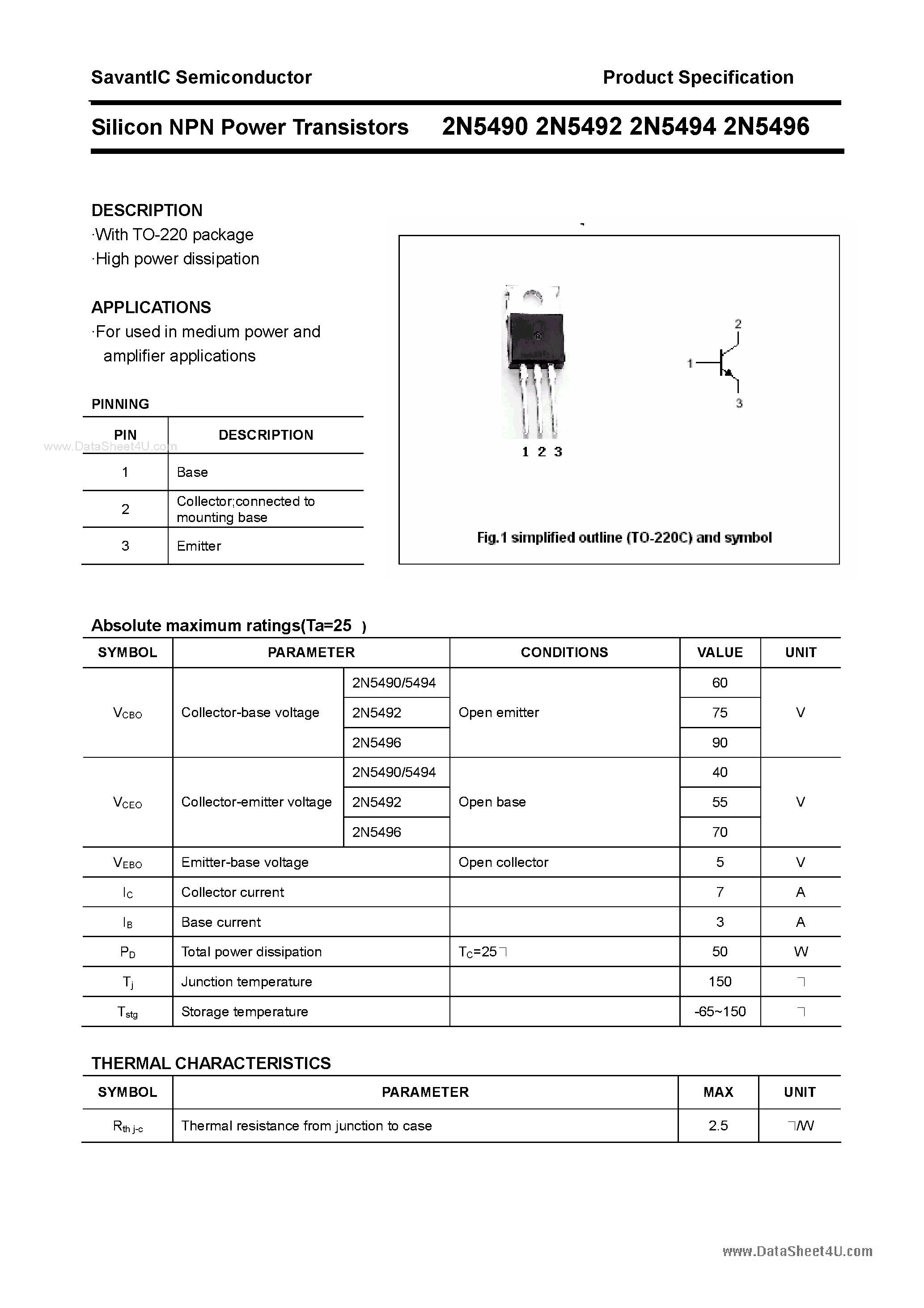 Даташит 2N5490 - (2N549x) Silicon NPN Power Transistors страница 1