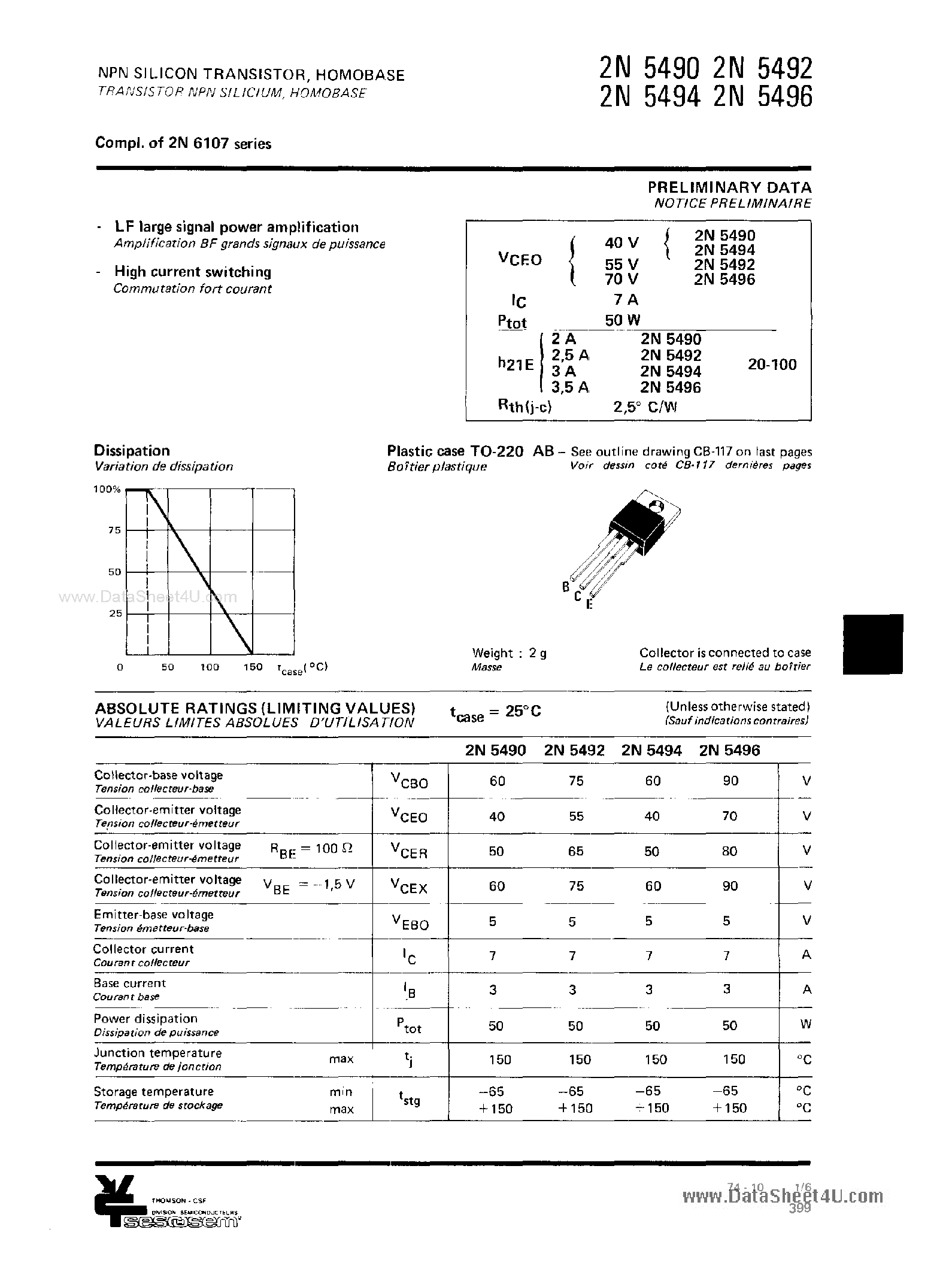 Datasheet 2N5490 - (2N549x) Silicon NPN Power Transistor page 1