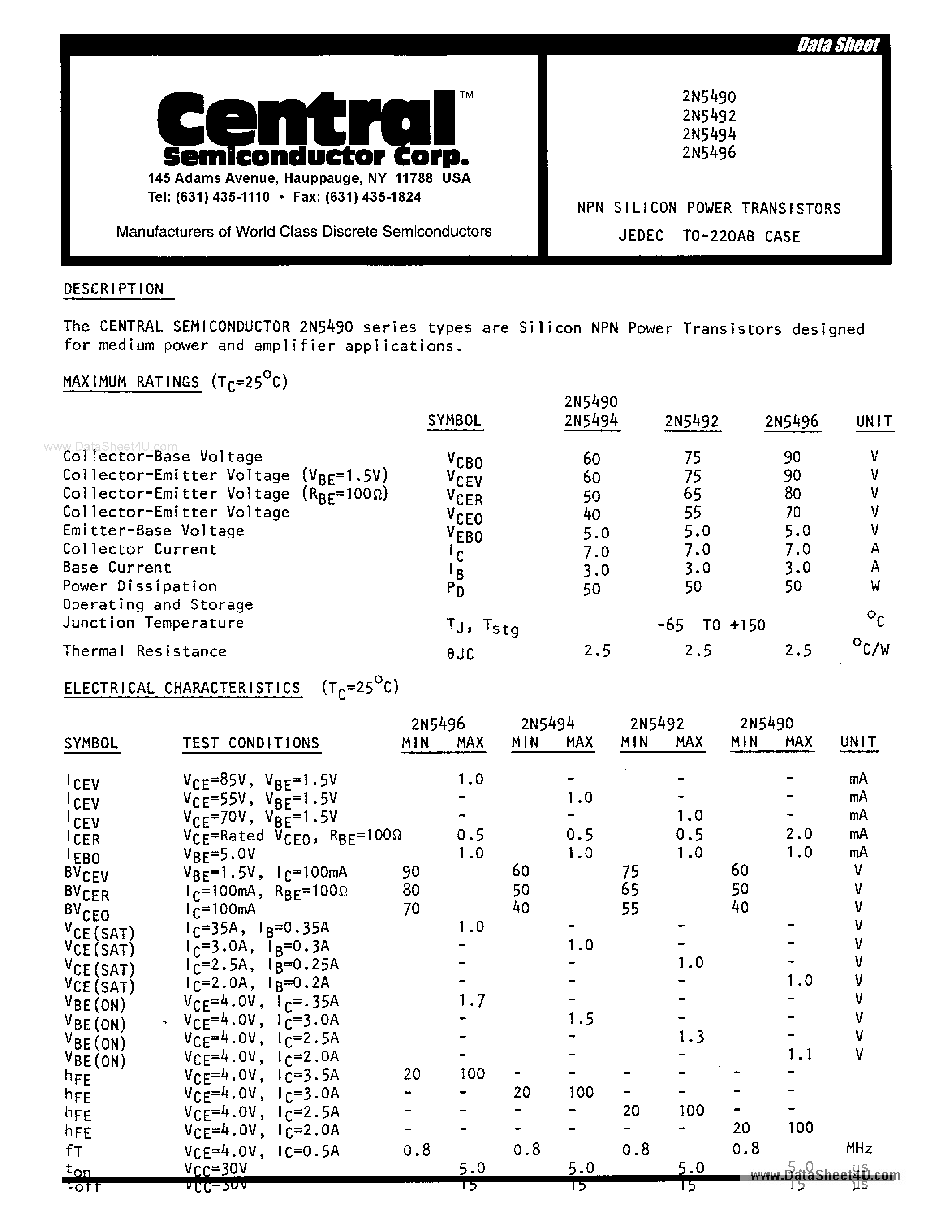 Datasheet 2N5490 - (2N549x) Silicon NPN Power Transistor page 1