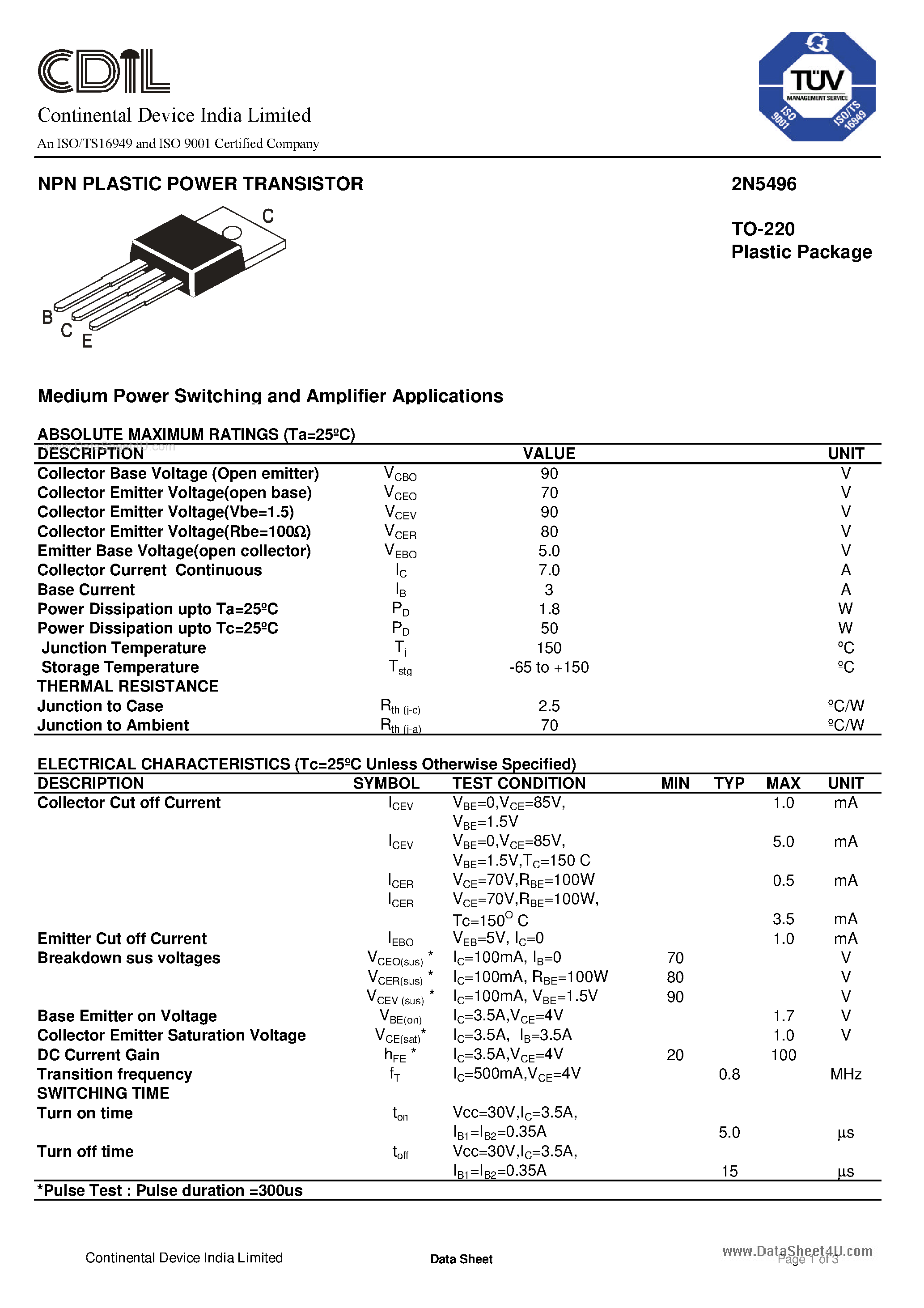 Datasheet 2N5496 - :: NPN PLASTIC POWER TRANSISTOR page 1
