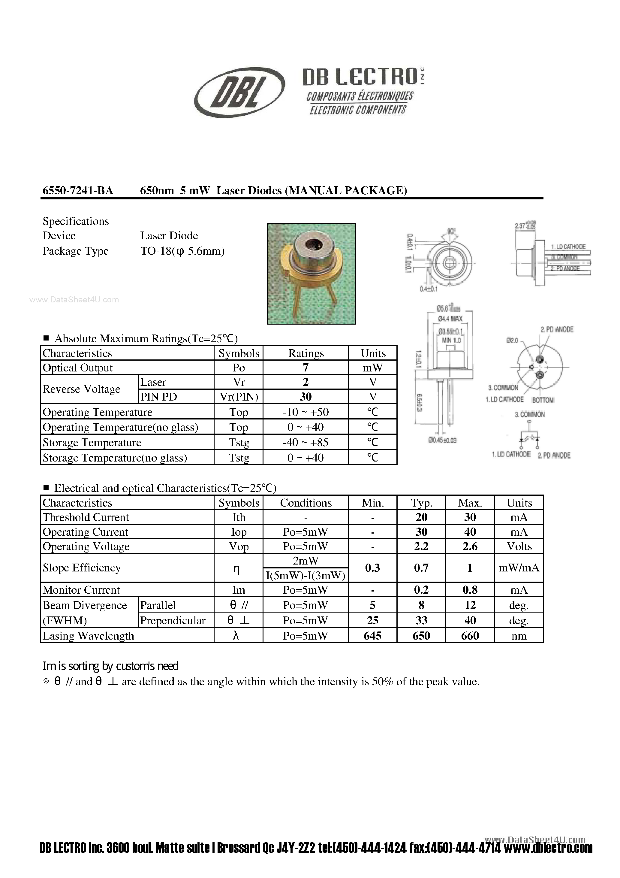 Datasheet 6550-7241-BA - 650nm 5 mW Laser Diodes MANUAL PACKAGE page 1