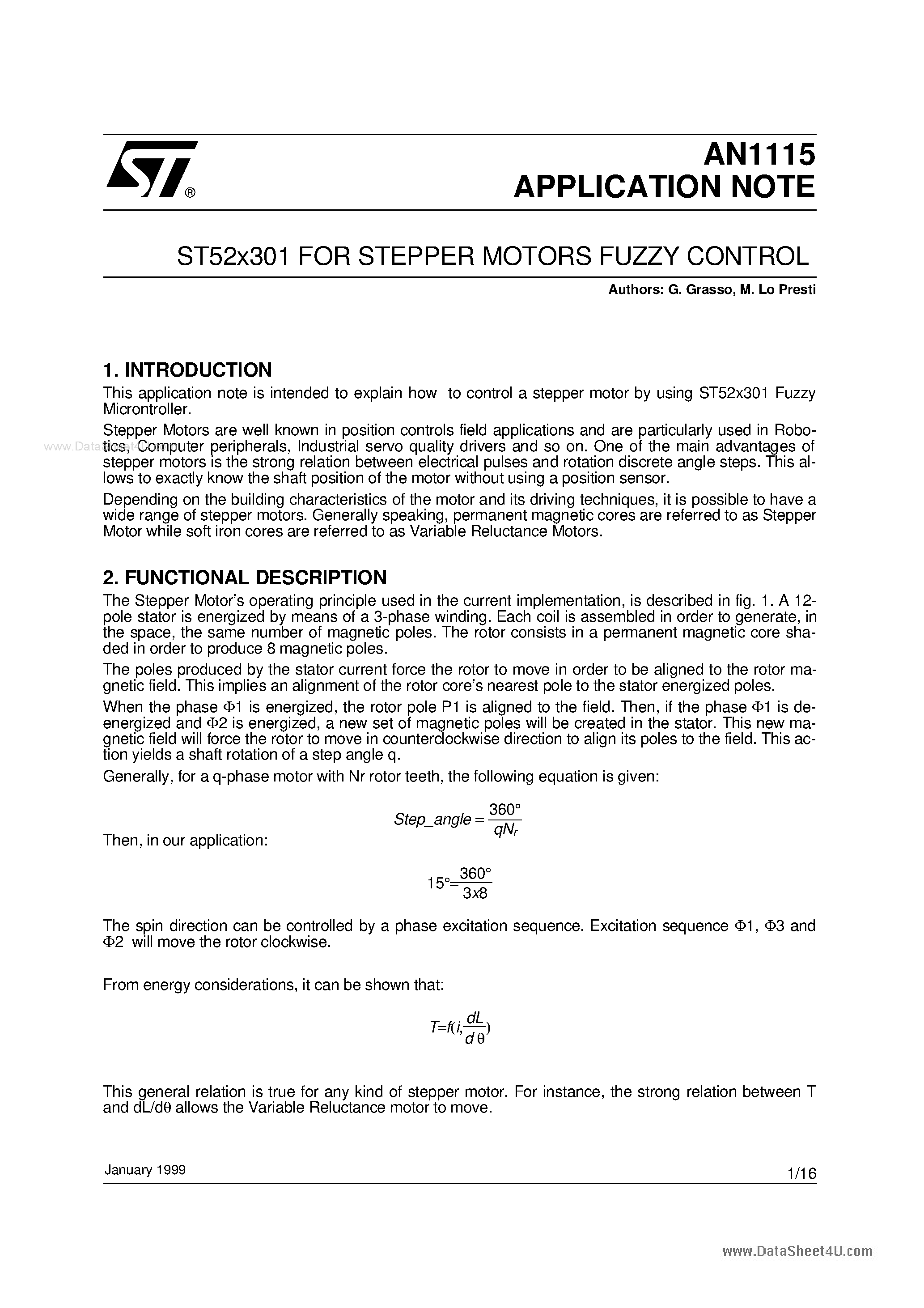 Datasheet AN1115 - ST52X301 FOR STEPPER MOTORS FUZZY CONTROL page 1