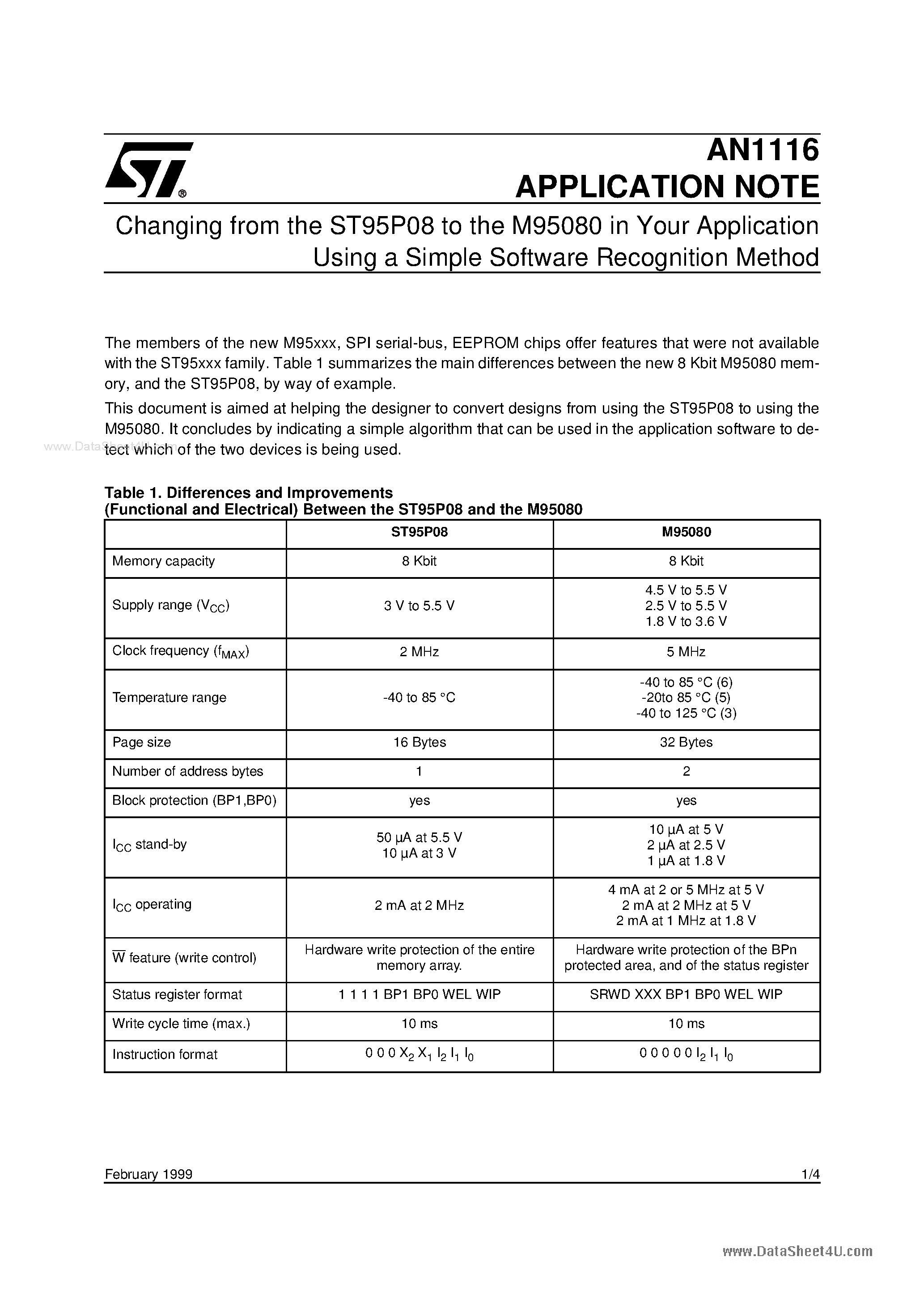 Даташит на микросхему AN1116 страница 1 Даташит AN1116 - CHANGING FROM THE ST95P08 TO THE M95080 IN YOUR APPLICATION USING A SIMPLE SOFTWARE RECOGNITION METHOD страница 1