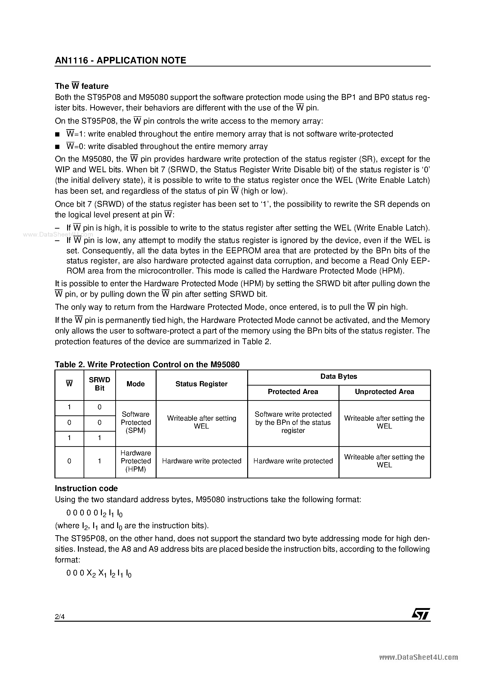 Даташит на микросхему AN1116 страница 2 Даташит AN1116 - CHANGING FROM THE ST95P08 TO THE M95080 IN YOUR APPLICATION USING A SIMPLE SOFTWARE RECOGNITION METHOD страница 2