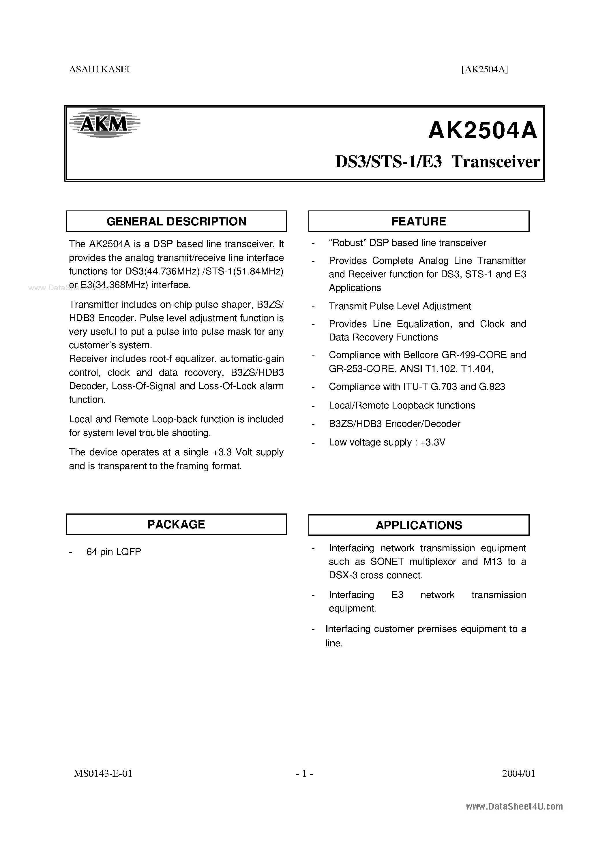 Даташит на микросхему AK2504A страница 1 Даташит AK2504A - DS3/STS-1/ES Transceiver страница 1