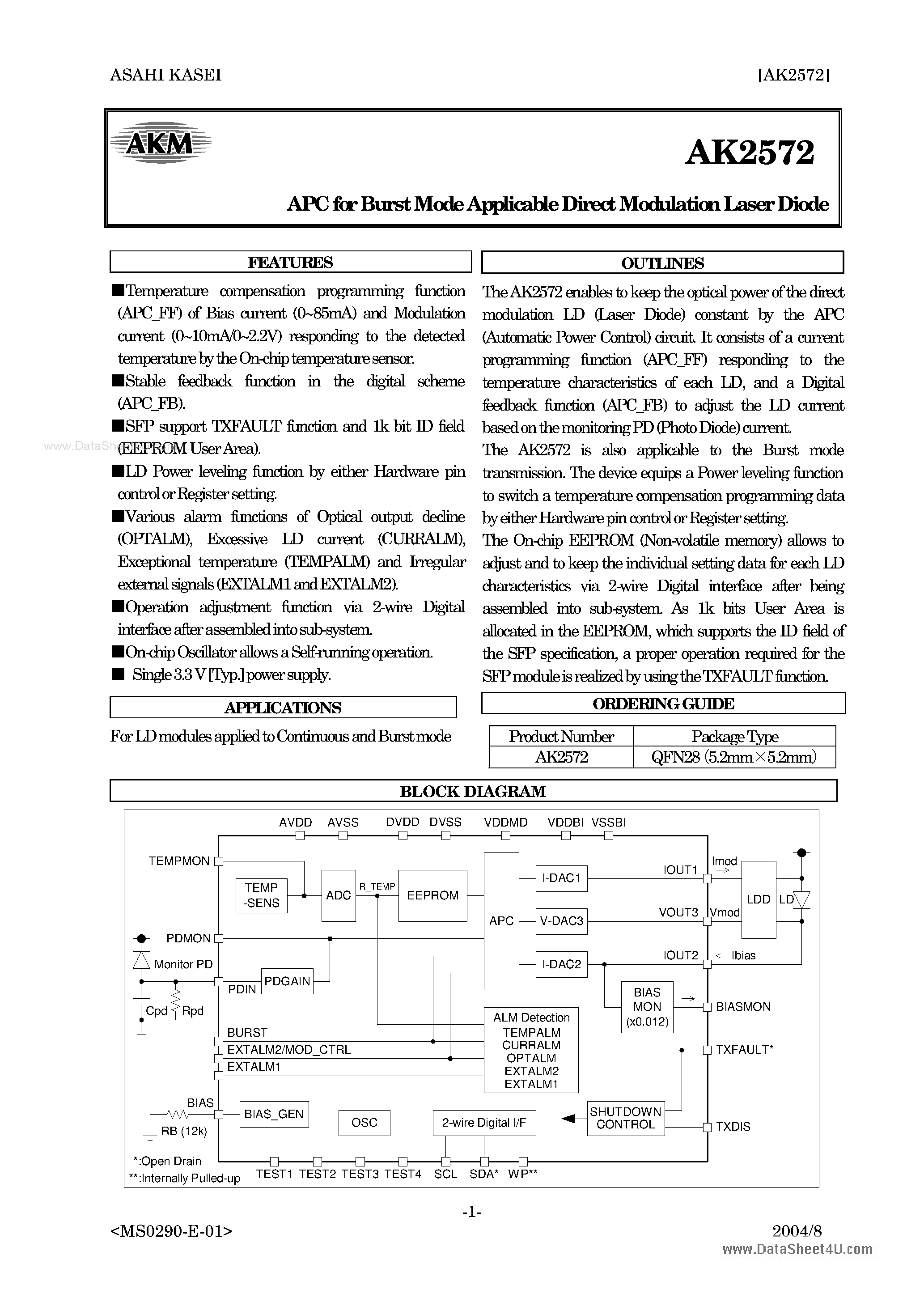 Datasheet AK2572 page 1 Datasheet AK2572 - APC for Burst Mode Applicable Direct Modulation Laser Diode page 1