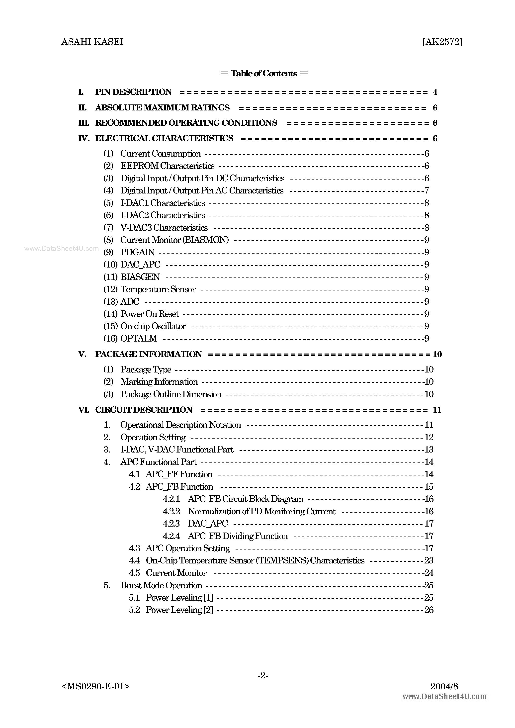Datasheet AK2572 page 2 Datasheet AK2572 - APC for Burst Mode Applicable Direct Modulation Laser Diode page 2