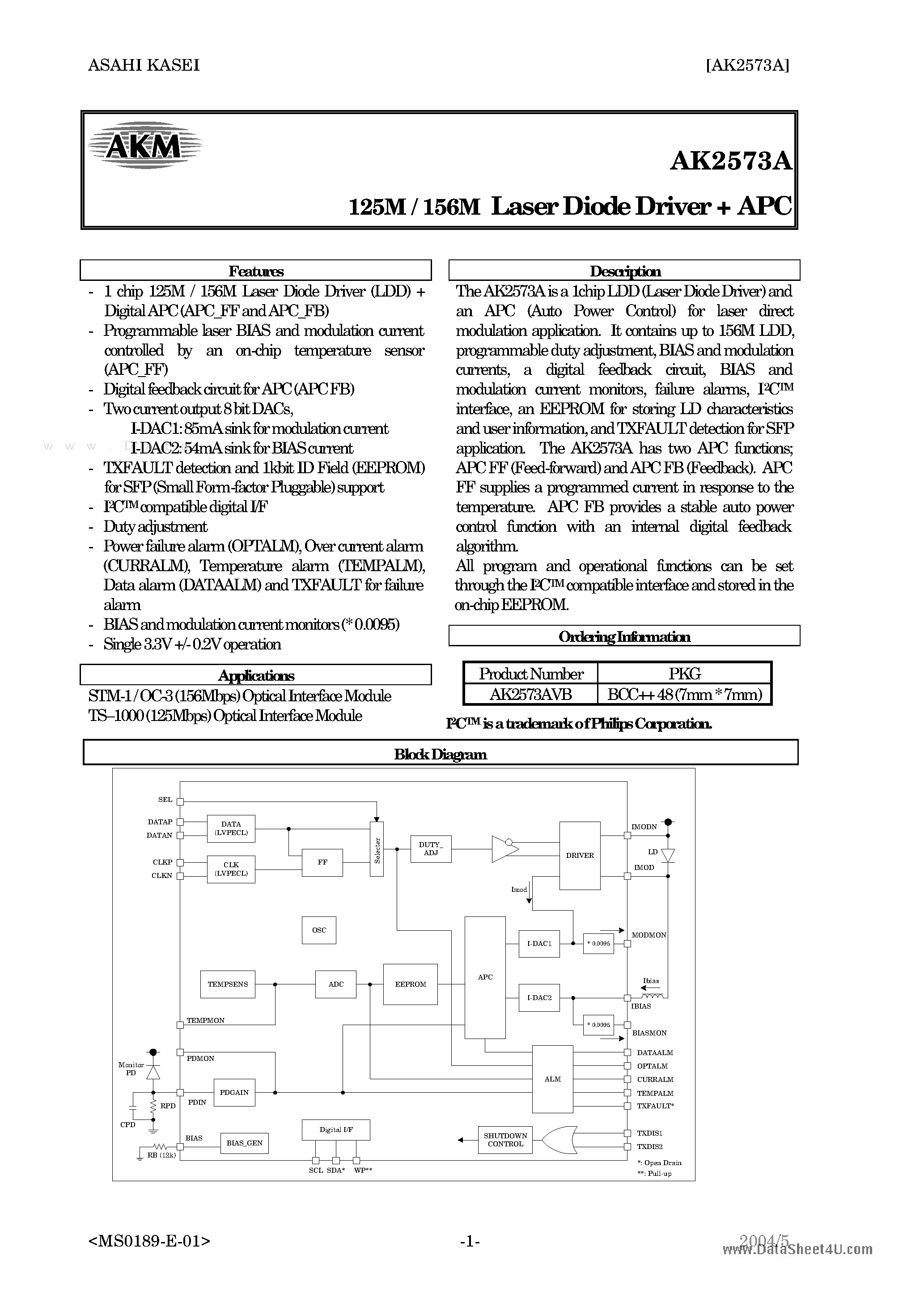 Datasheet AK2573A - 125M / 156M Laser Diode Driver APC page 1