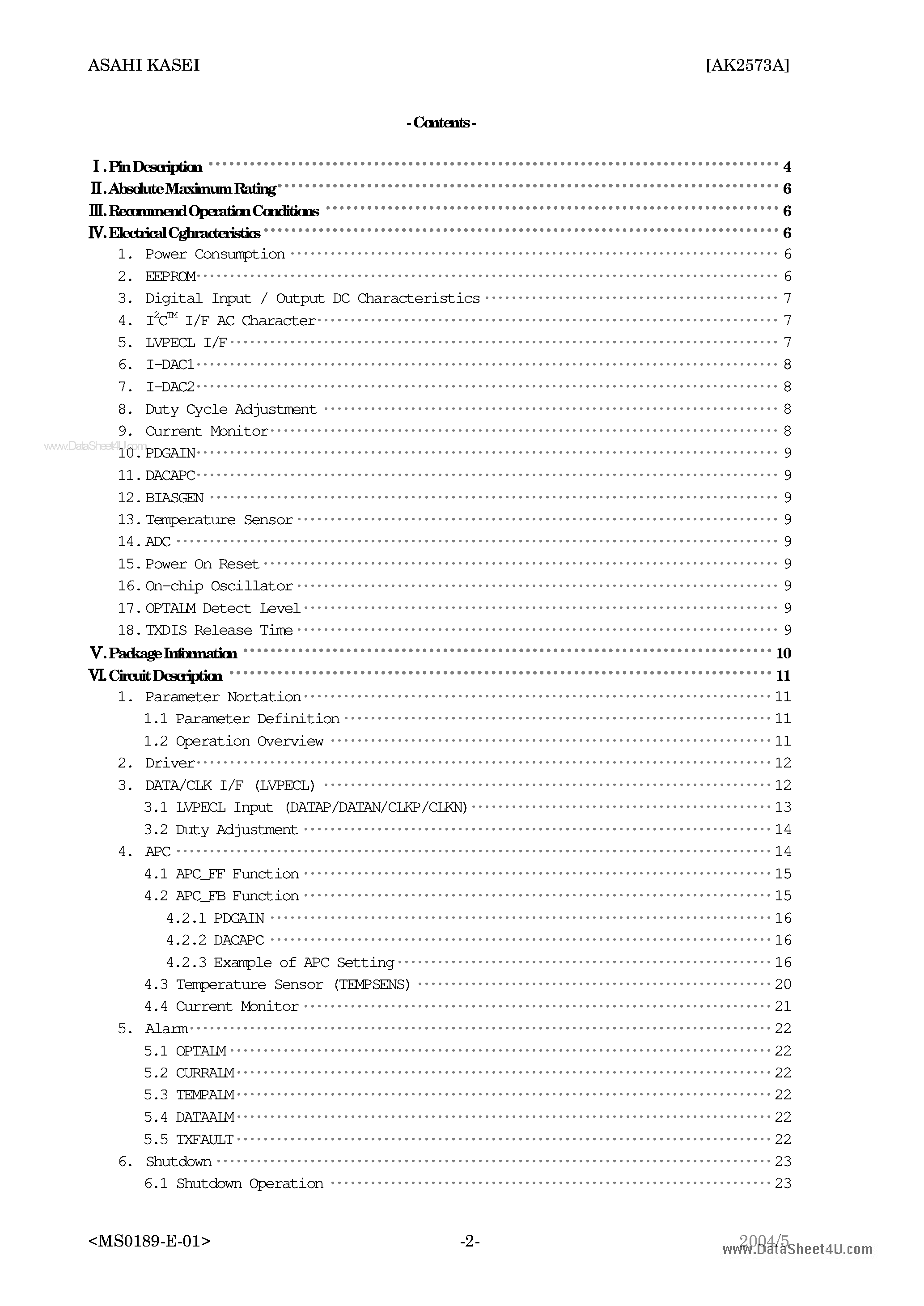 Datasheet AK2573A - 125M / 156M Laser Diode Driver APC page 2