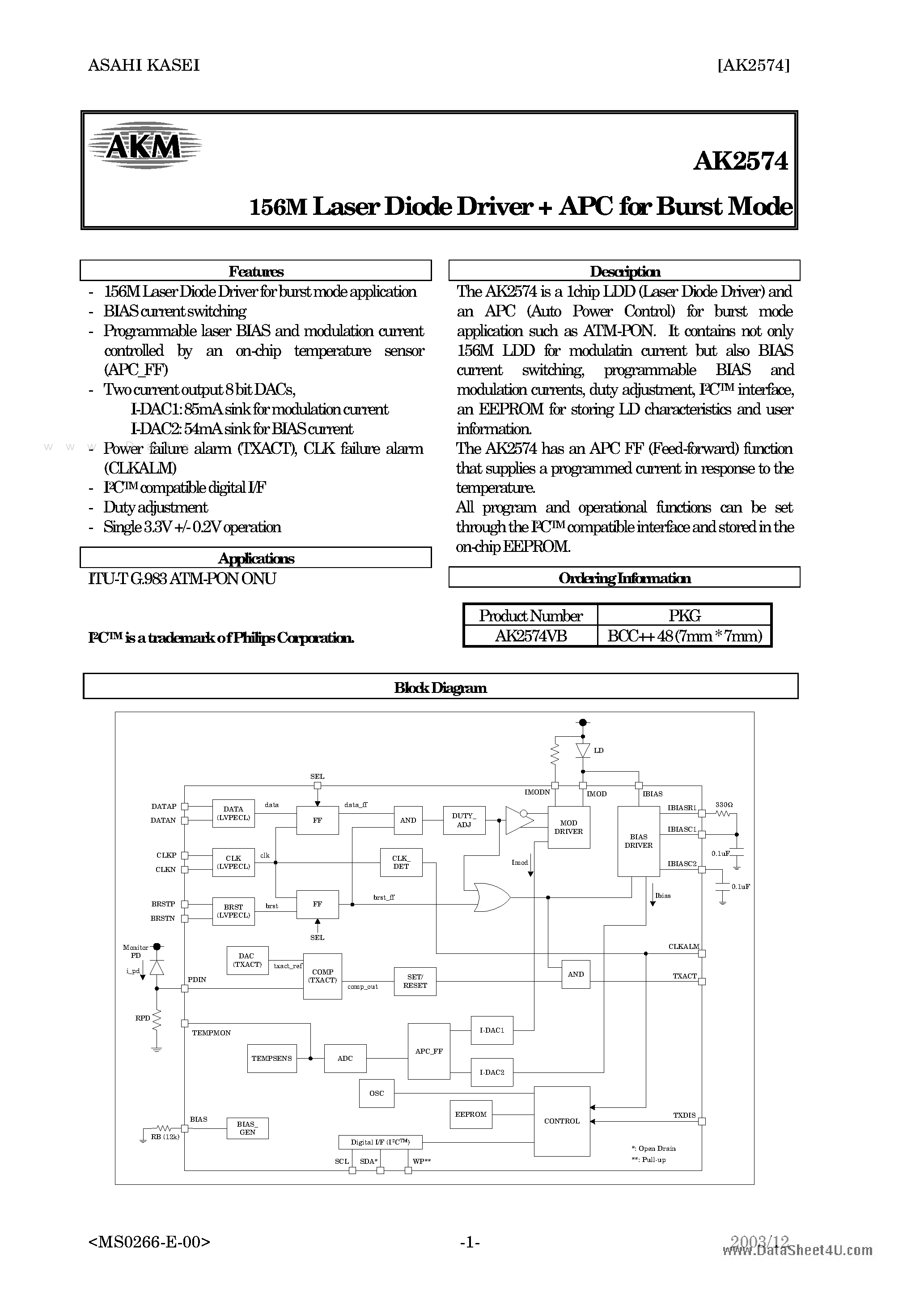 Datasheet AK2574 page 1 Datasheet AK2574 - 156M Laser Diode Driver APC page 1
