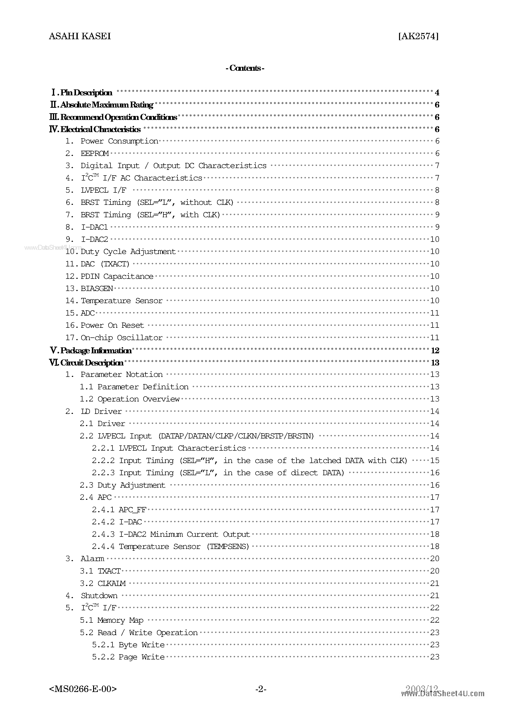Datasheet AK2574 page 2 Datasheet AK2574 - 156M Laser Diode Driver APC page 2