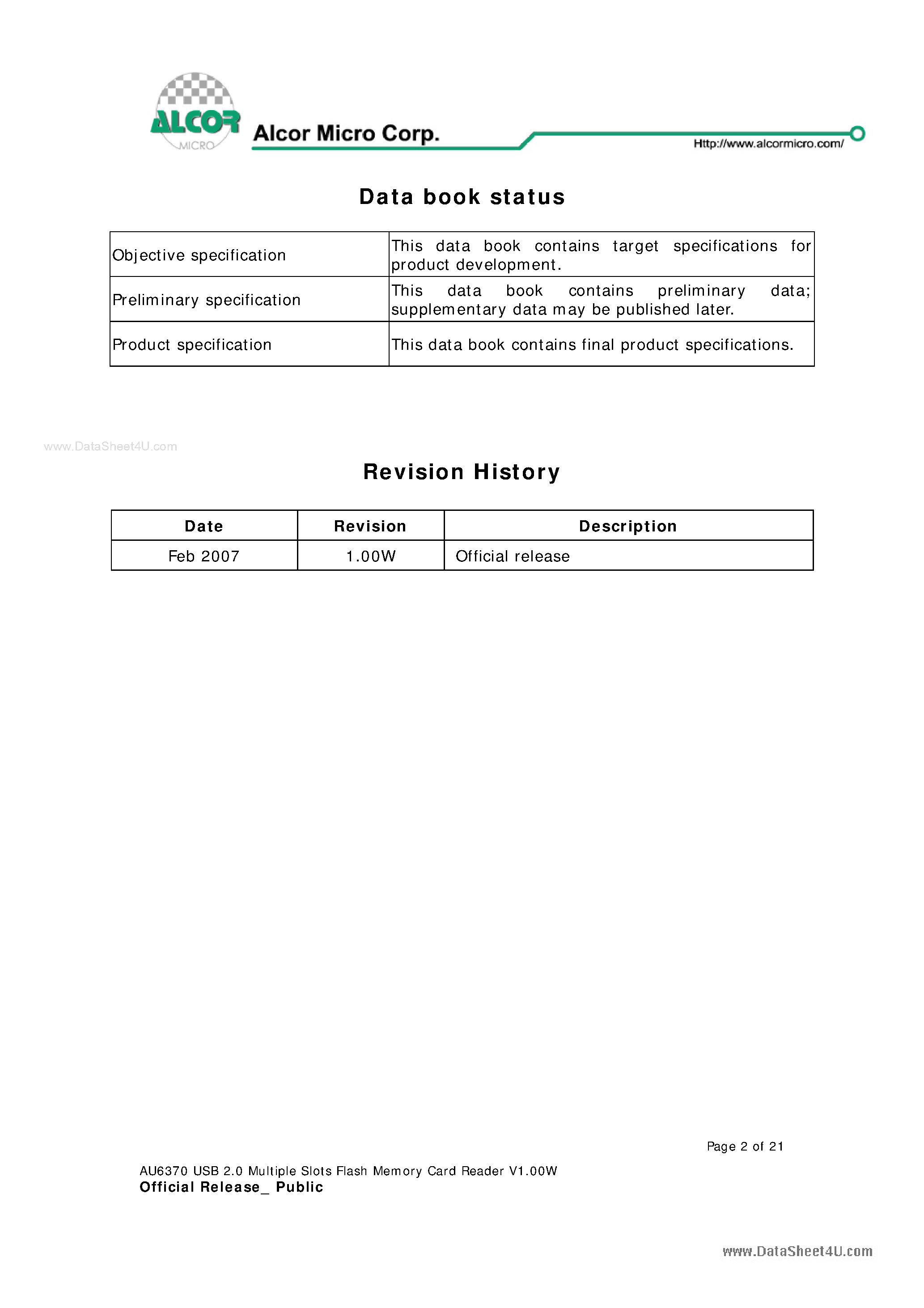 Datasheet AU6370 page 2 Datasheet AU6370 - USB2.0 Multiple Slots Flash Memory Card Reader page 2