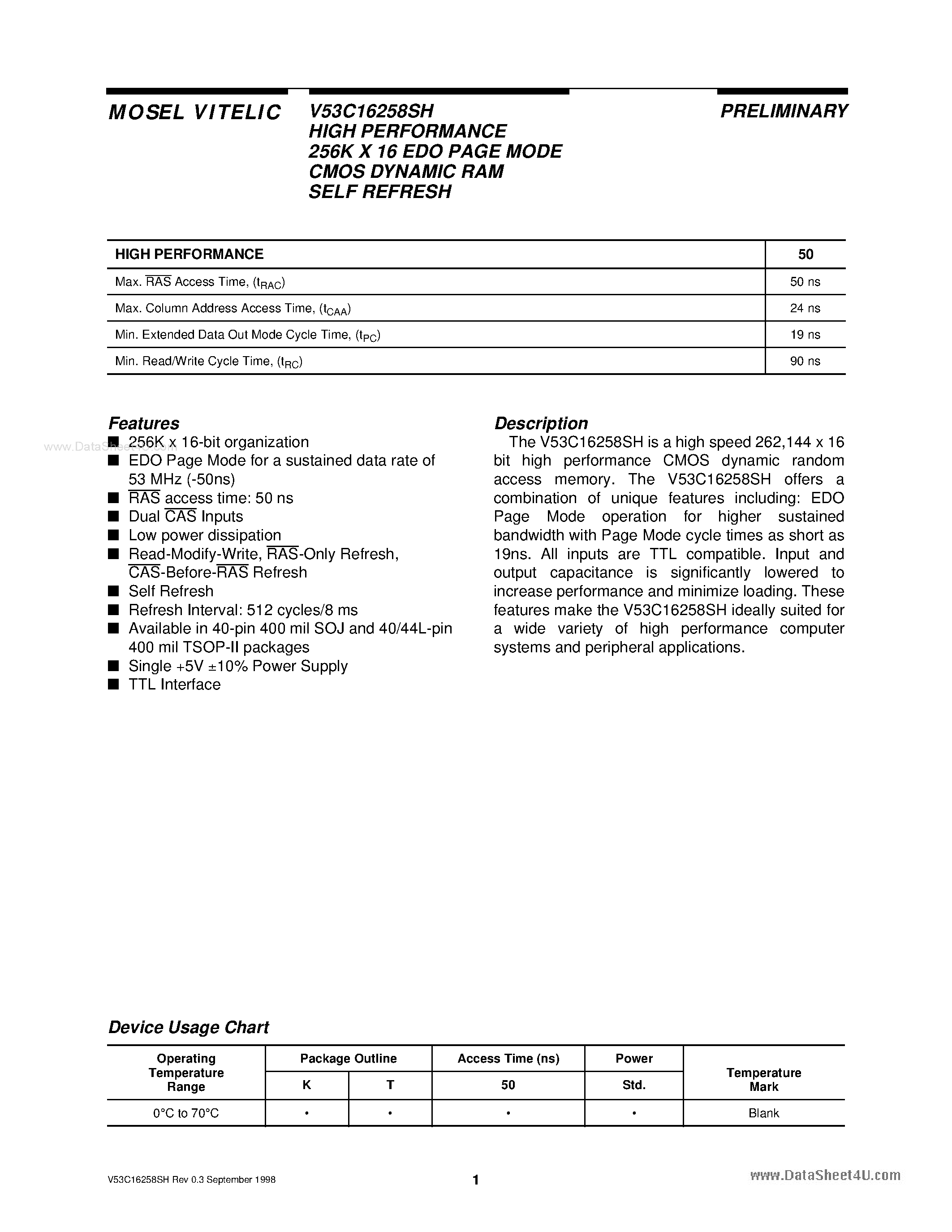 Даташит V53C16258SH - HIGH PERFORMANCE 256K X 16 EDO PAGE MODE CMOS DYNAMIC RAM SELF REFRESH страница 1