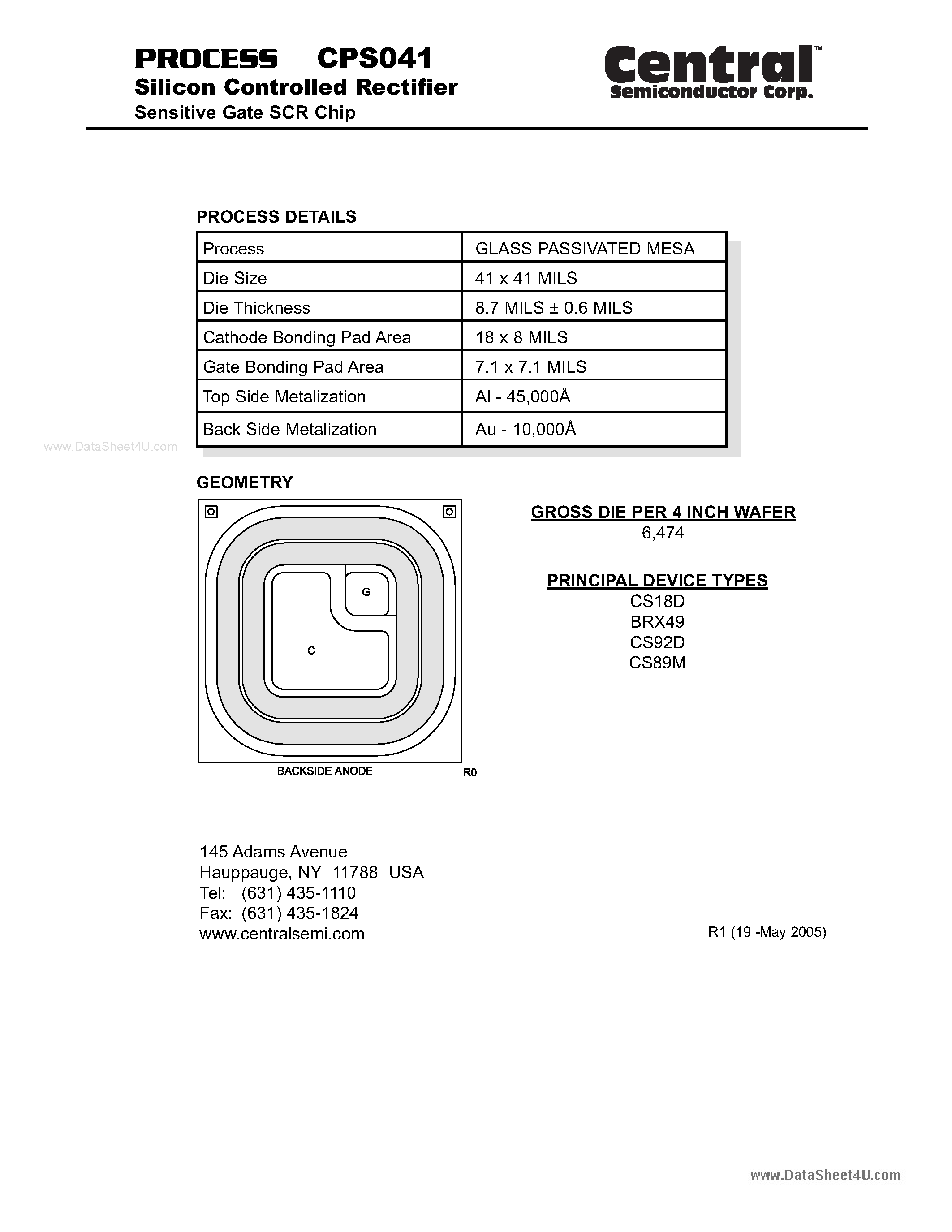 Datasheet CPS041 page 1 Datasheet CPS041 - Silicon Controlled Rectifier Sensitive Gate SCR Chip page 1