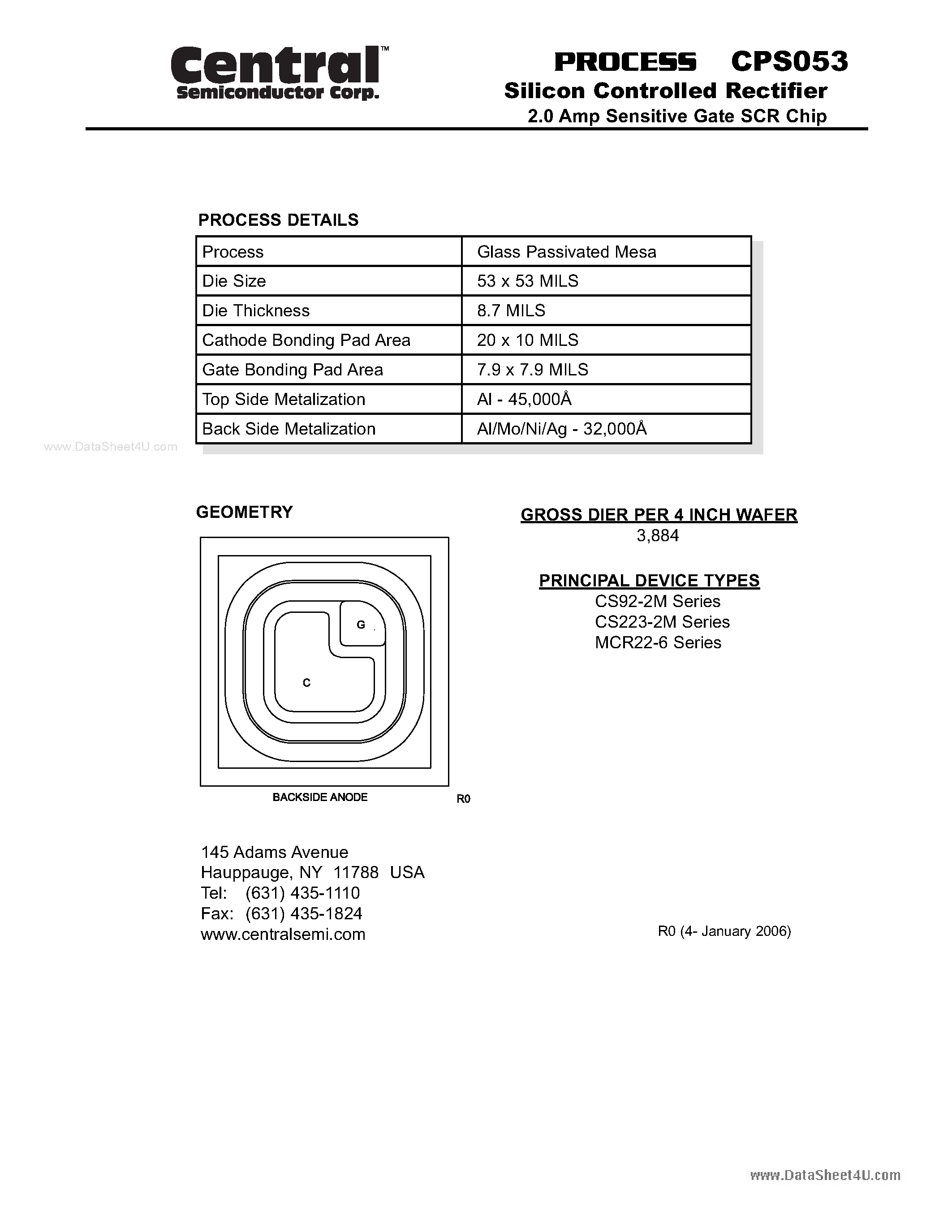 Datasheet CPS053 page 1 Datasheet CPS053 - Silicon Controlled Rectifier Sensitive Gate SCR Chip page 1