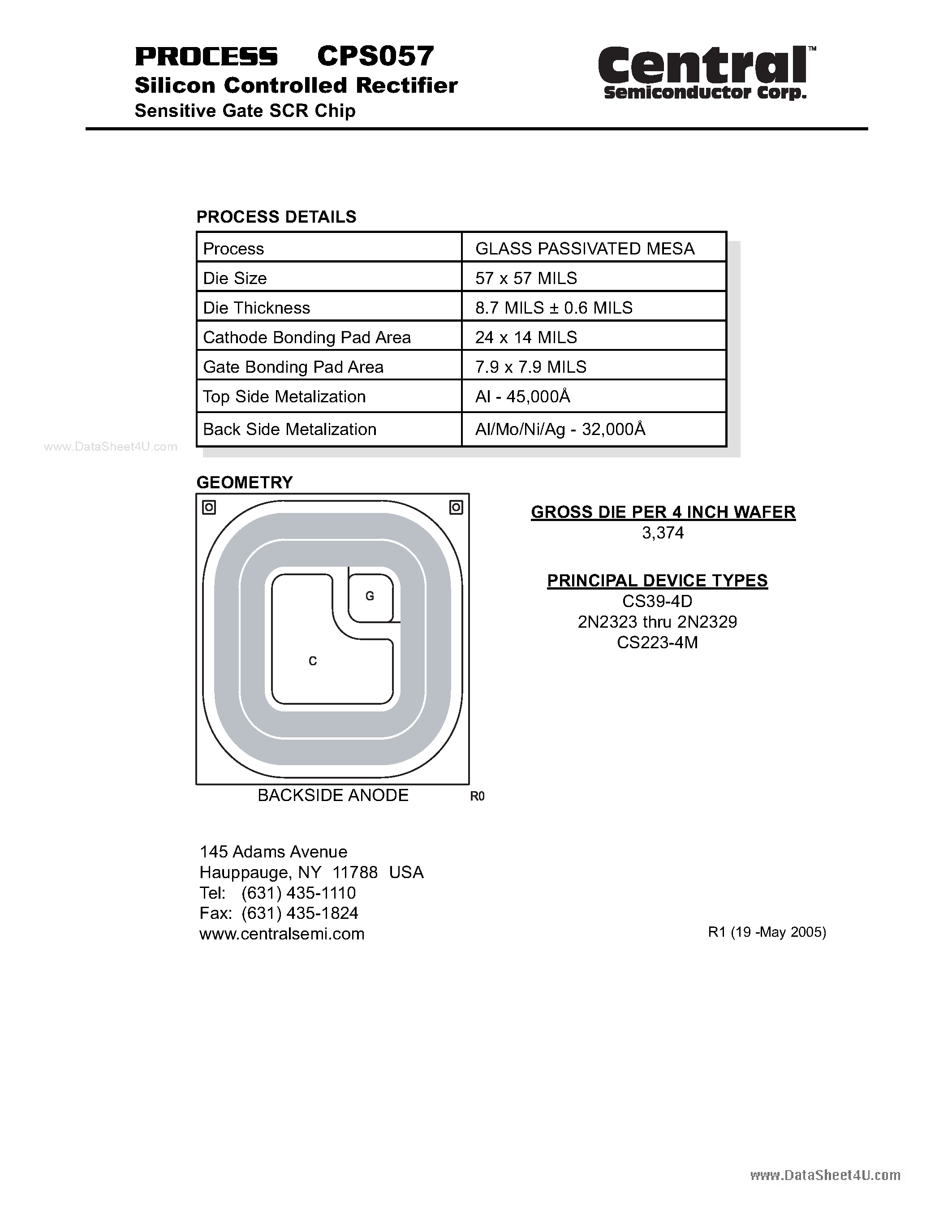 Datasheet CPS057 page 1 Datasheet CPS057 - Silicon Controlled Rectifier Sensitive Gate SCR Chip page 1